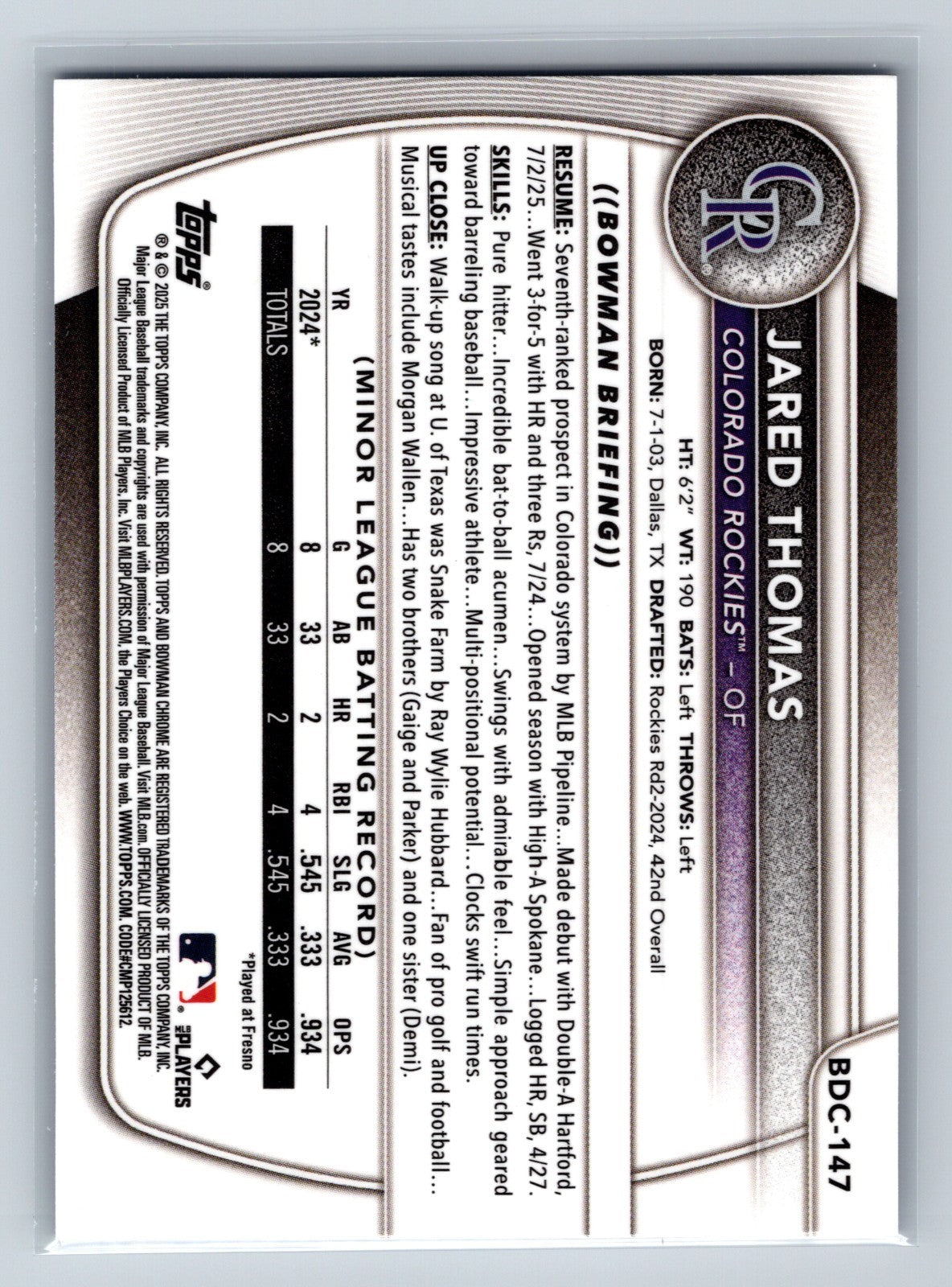 Jared Thomas 2025 Bowman Draft Chrome Blue Geometric Refractor /150 #BDC-147