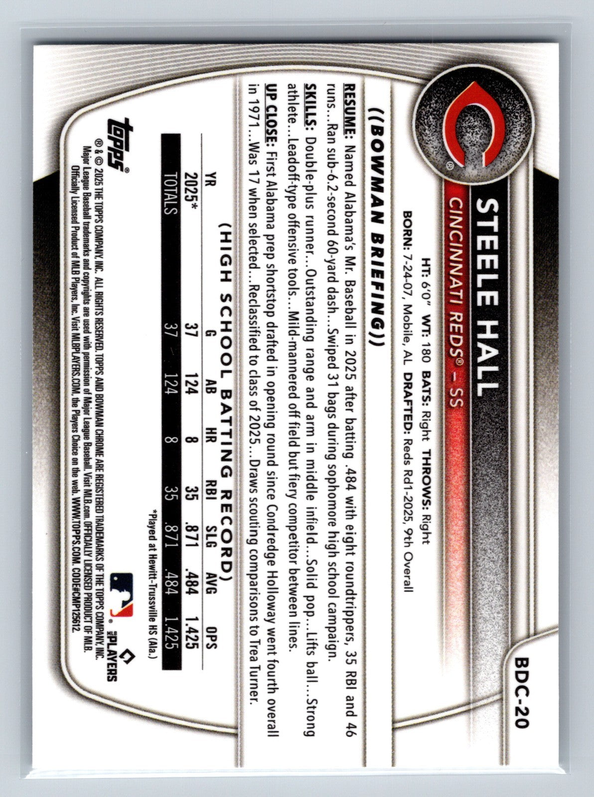Steele Hall 2025 Bowman Draft Chrome 1st #BDC-20 Reds
