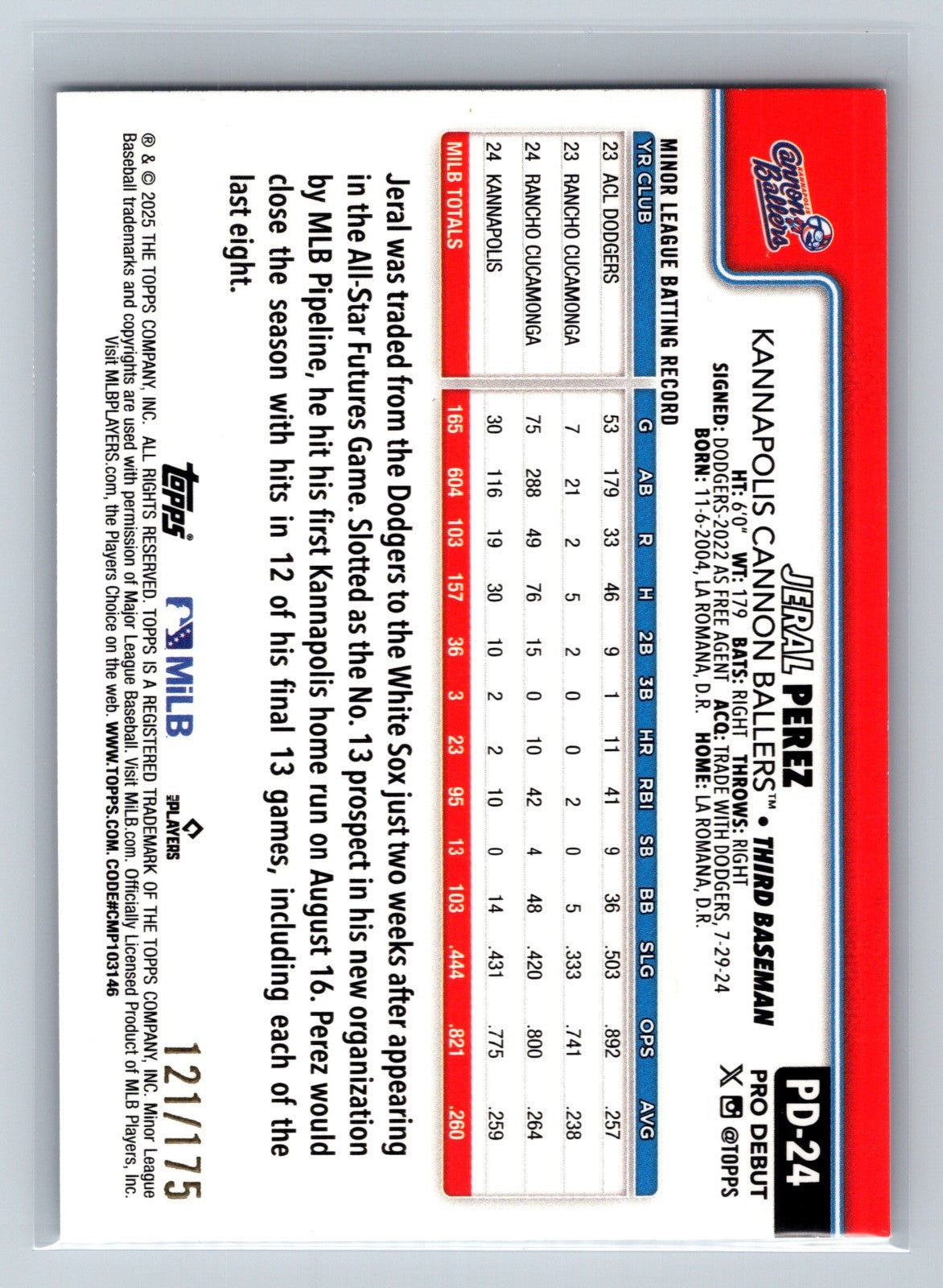 Jeral Perez 2025 Topps Pro Debut Sparkle Foil /175 #PD-24 White Sox