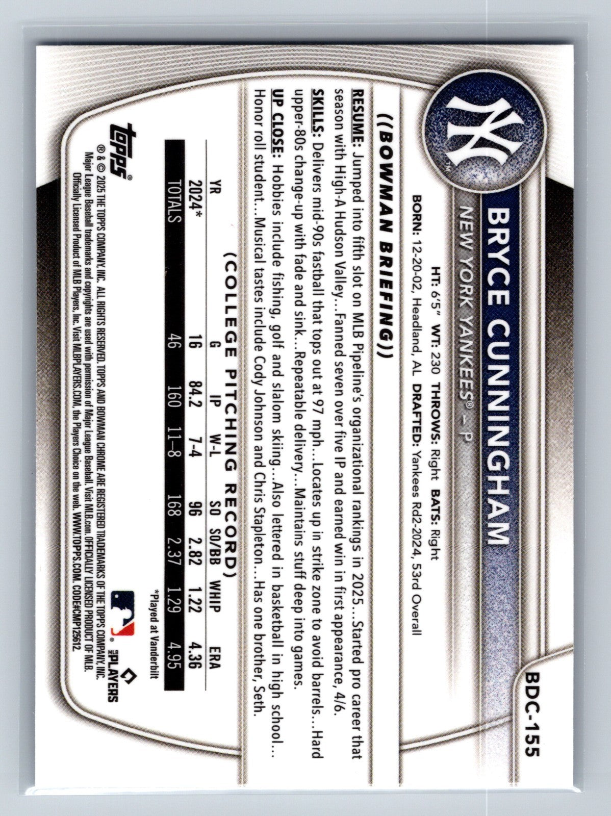 Bryce Cunningham 2025 Bowman Draft Chrome Blue Refractor /150 #BDC-155 Yankees
