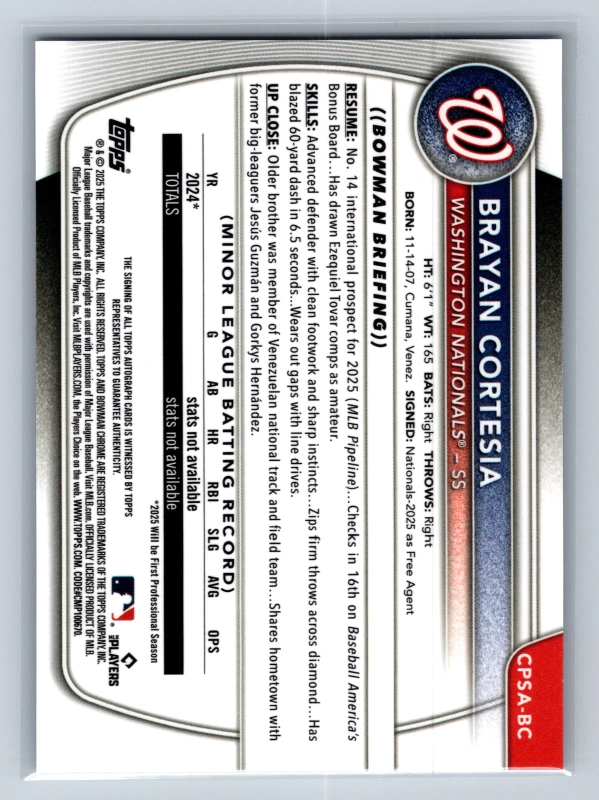 Brayan Cortesia 2025 Bowman Chrome 1st Sapphire Refractor Auto /199 #CPSA-BC