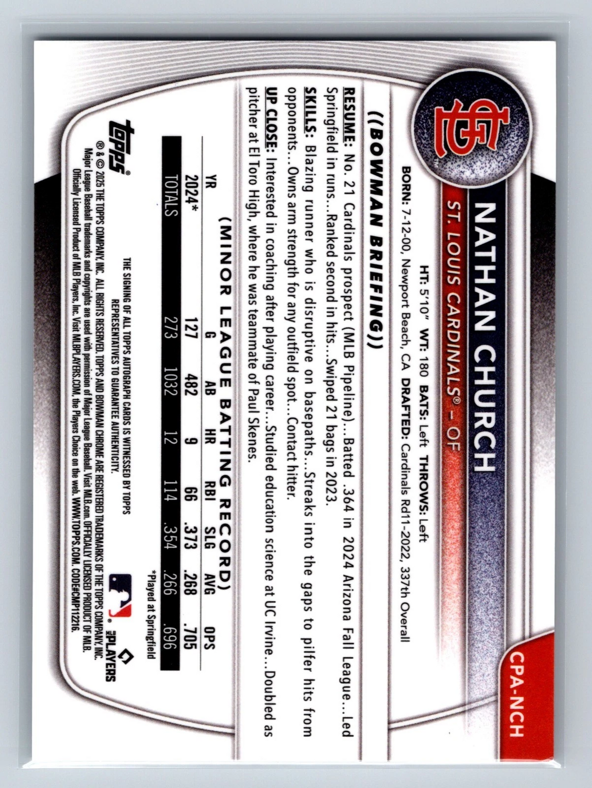 Nathan Church 2025 Bowman Chrome 1st Mini Diamond Refractor Auto /100 #CPA-NCH