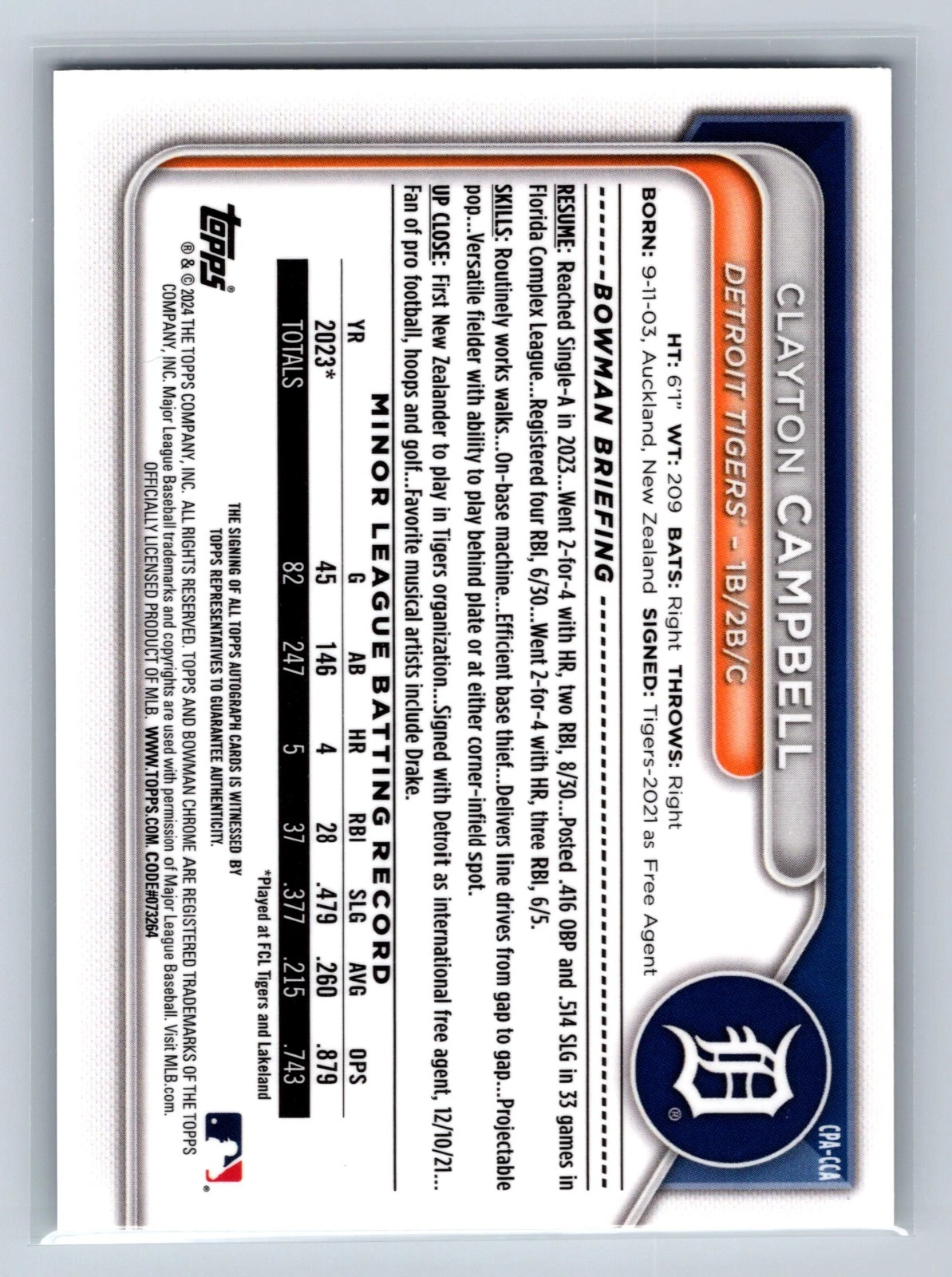 Clayton Campbell 2024 Bowman Chrome 1st Auto #CPA-CCA Tigers