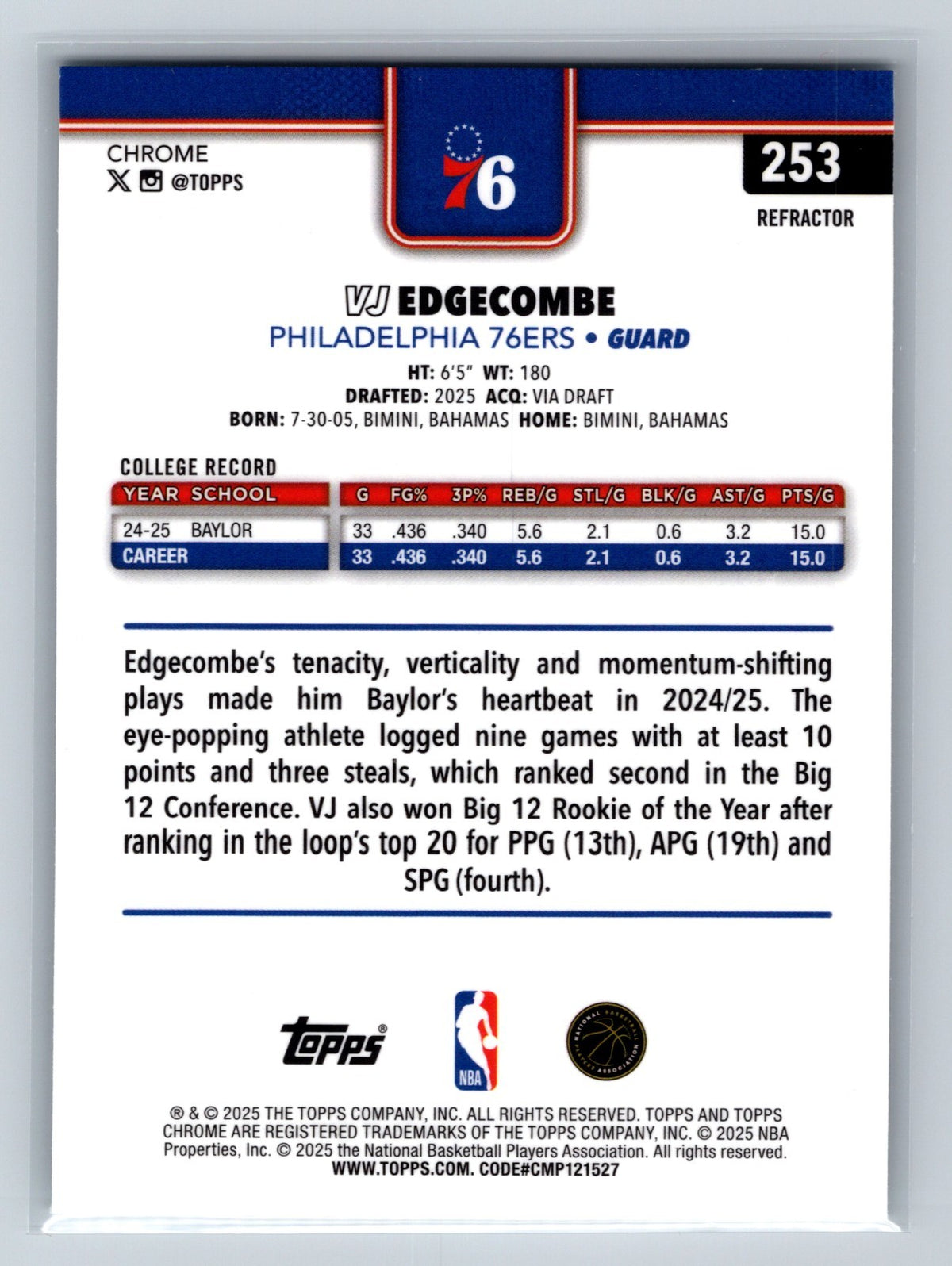 VJ Edgecombe 2025 Topps Chrome Refractor RC #253 76ERS