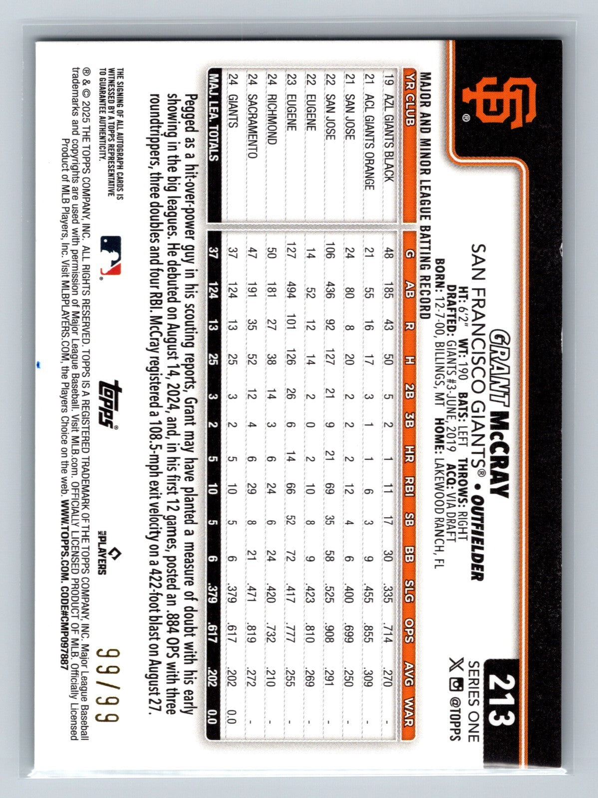 Grant McCray 2025 Topps Series 1 Green Foil Auto RC /99 #213 Giants