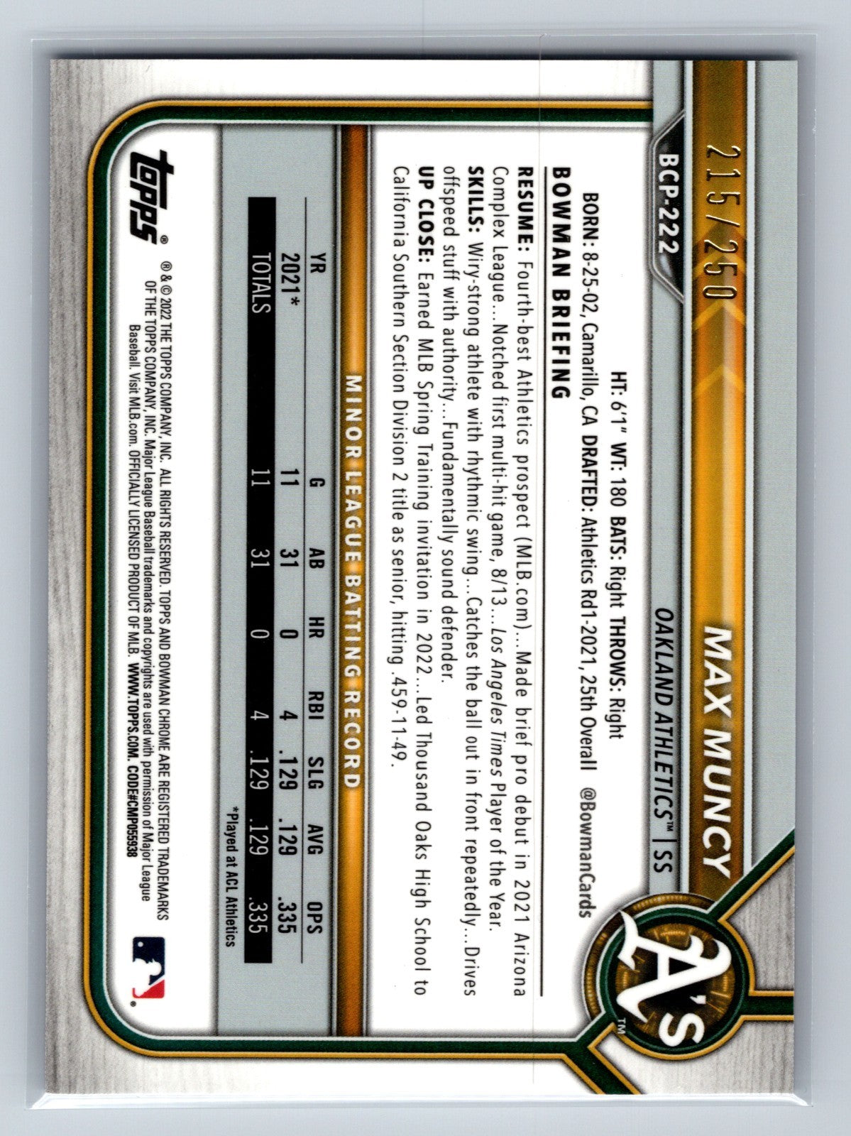 Max Muncy 2022 Bowman Chrome Prospect Purple Mojo Refractor /250 #BCP-222