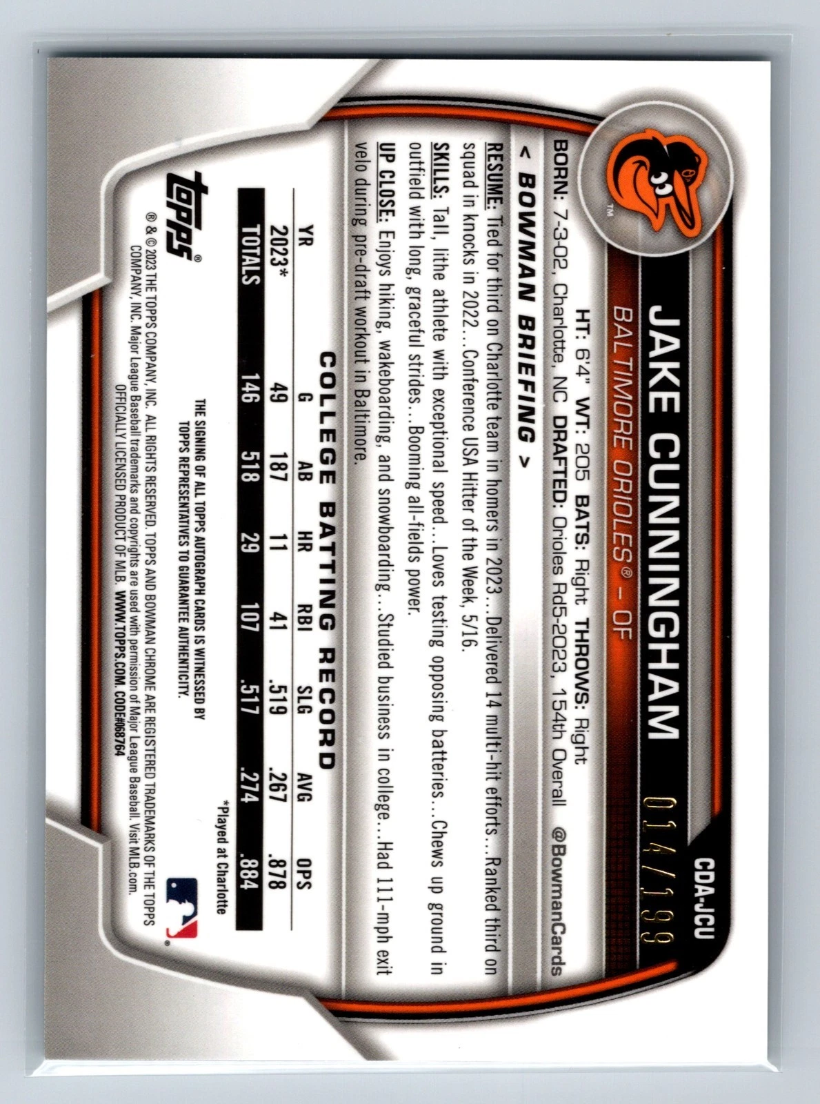 Jake Cunningham 2023 Bowman Draft Chrome 1st Aqua Lava Refractor Auto /199