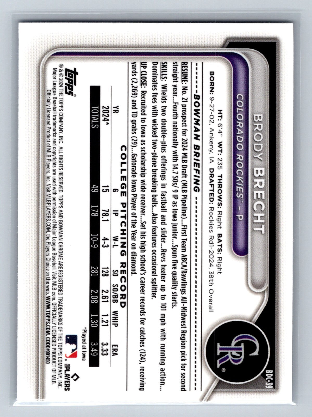 Brody Brecht 2024 Bowman Draft Chrome 1st Blue Refractor /150 #BDC-39 Rockies