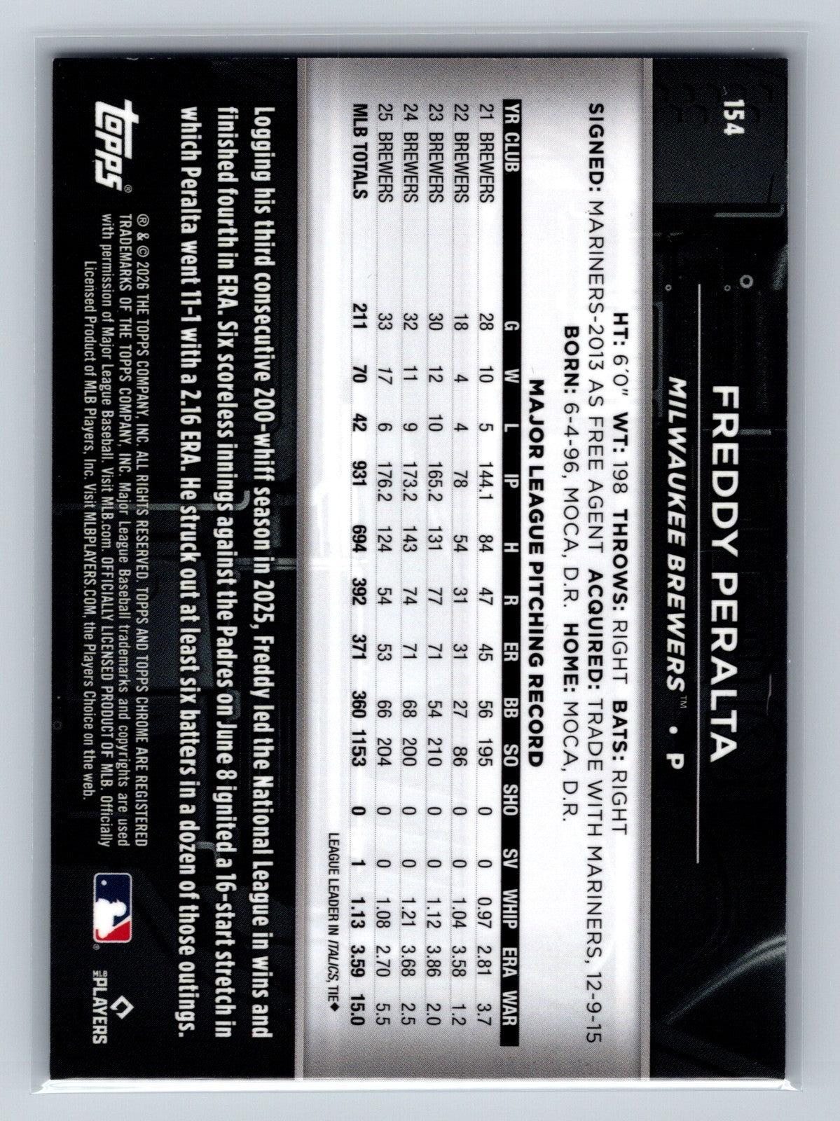 Freddy Peralta 2026 Topps Chrome Black Blue Refractor /150 #154 Brewers
