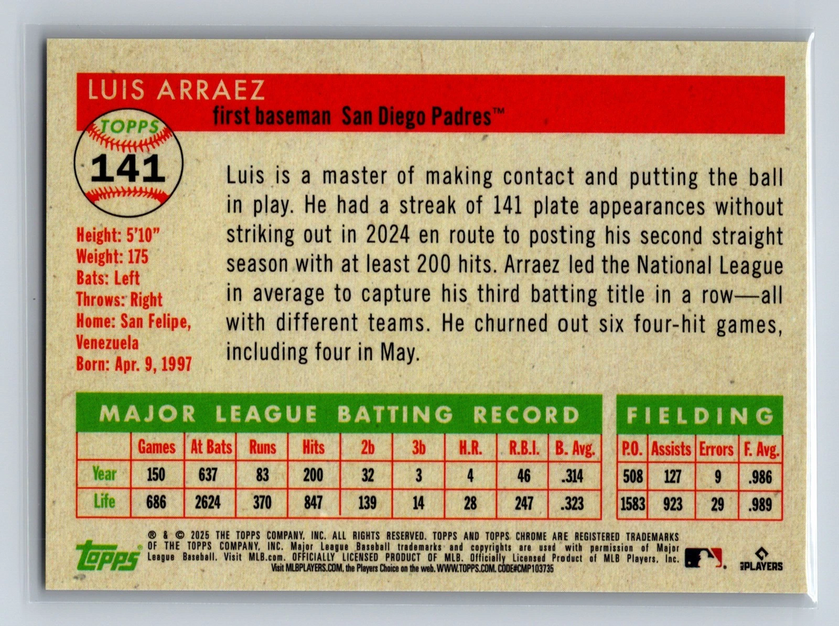 Luis Arraez 2025 Topps Chrome Platinum Toile Gold Refractor /50 #141 Padres