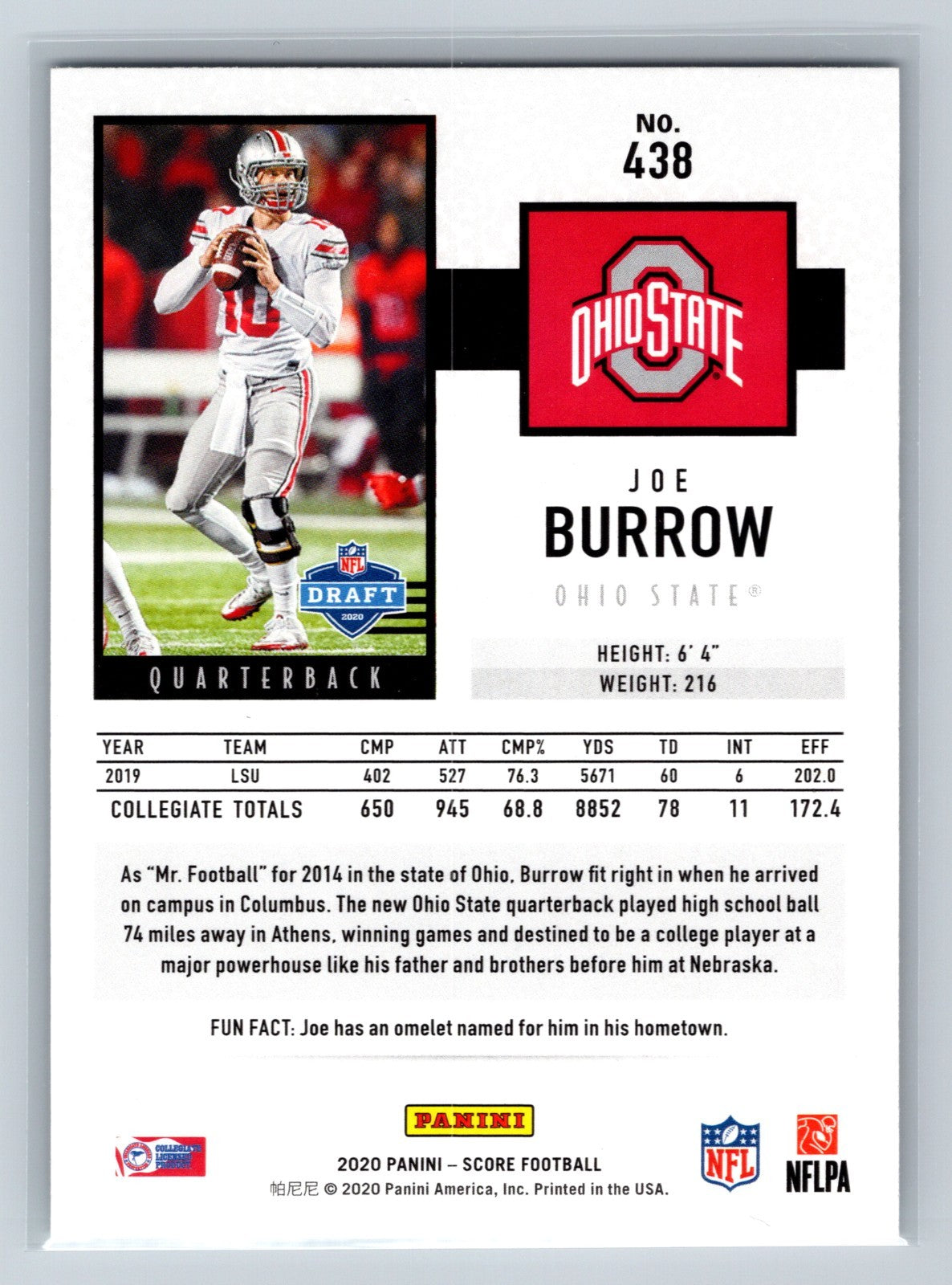 Joe Burrow 2020 Panini Score RC #438 Buckeyes