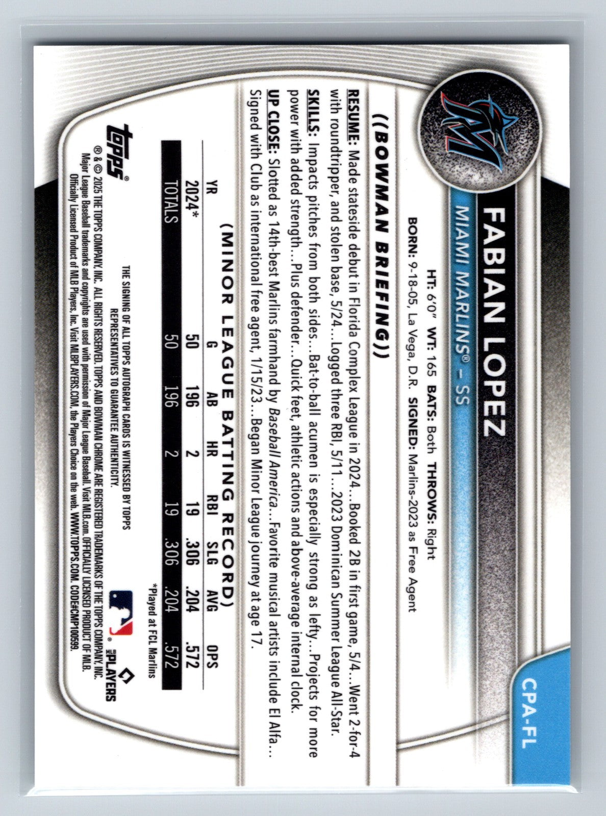 Fabian Lopez 2025 Bowman Chrome 1st Speckle Refractor Auto /299 #CPA-FL Marlins