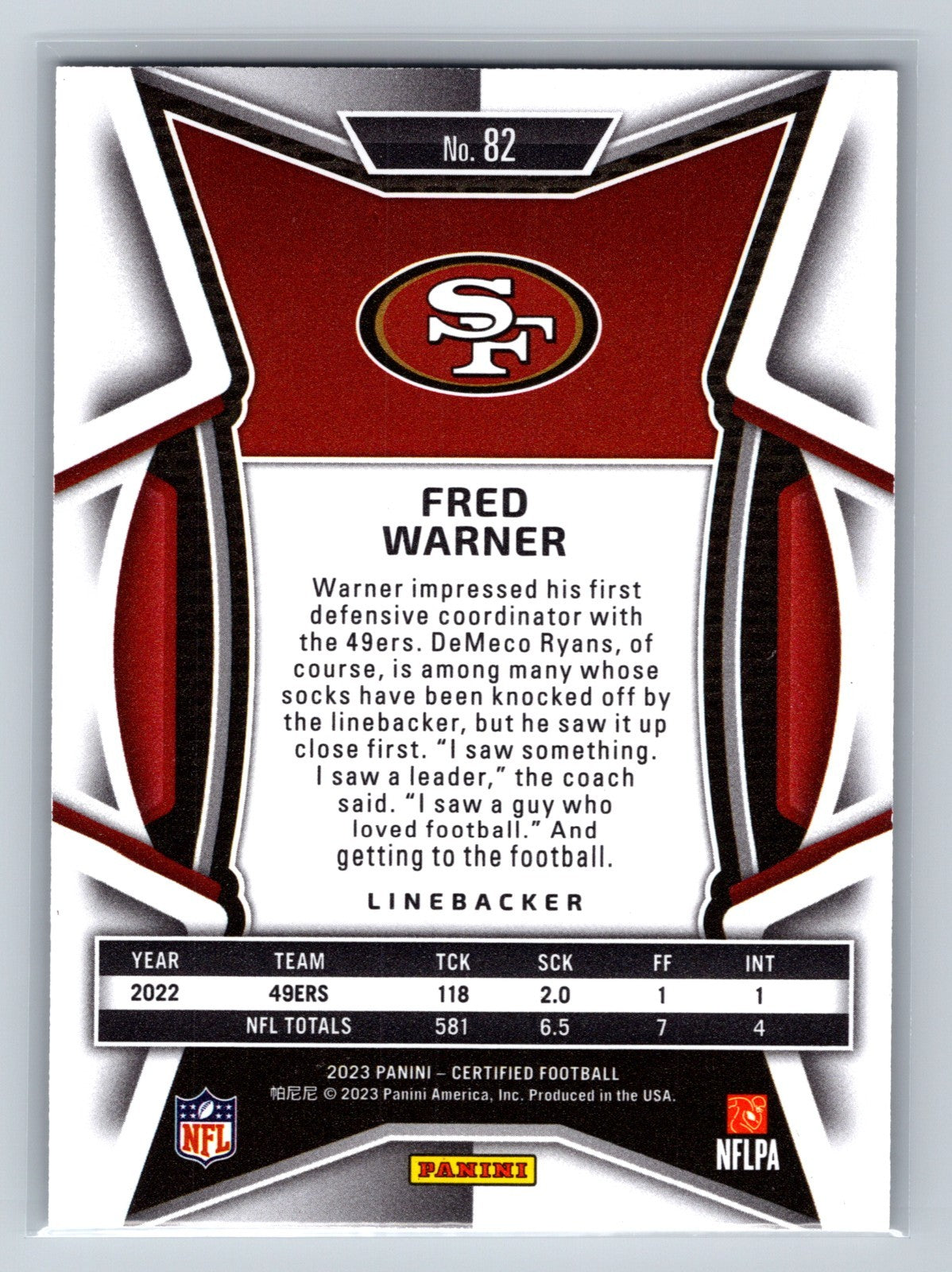 Fred Warner 2023 Panini Certified Mirror Bronze /275 #82 49ERS