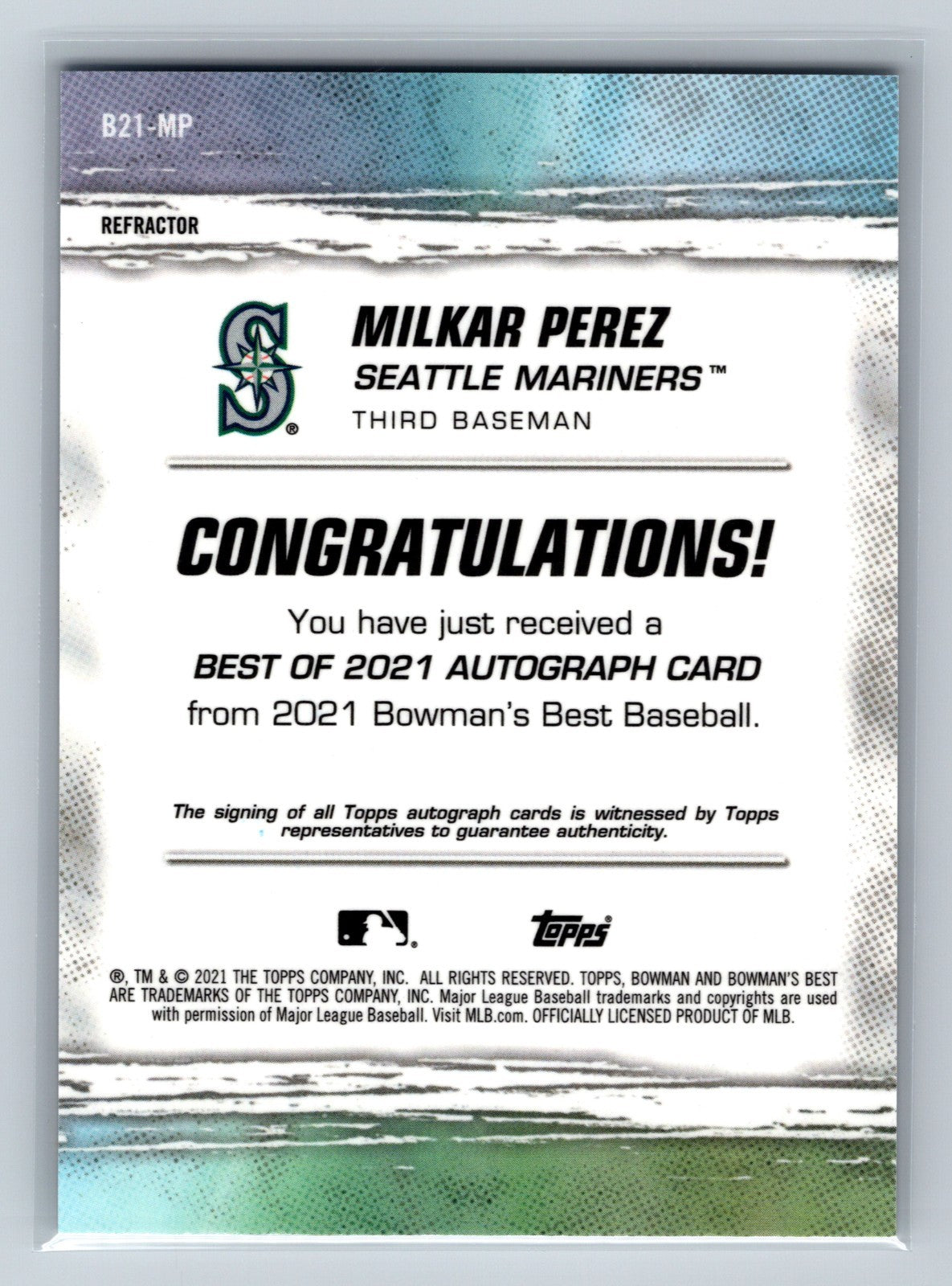 Milkar Perez 2021 Bowmans Best Refractor Auto #B21-MP Mariners
