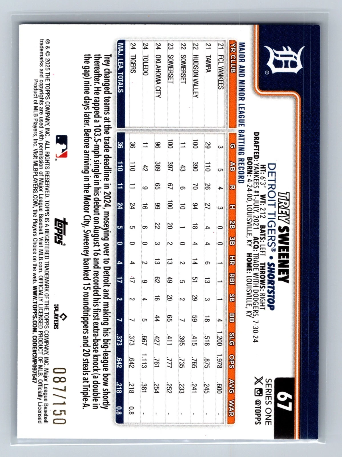 Trey Sweeney 2025 Topps Series 1 Blue Foil RC /150 #67 Tigers