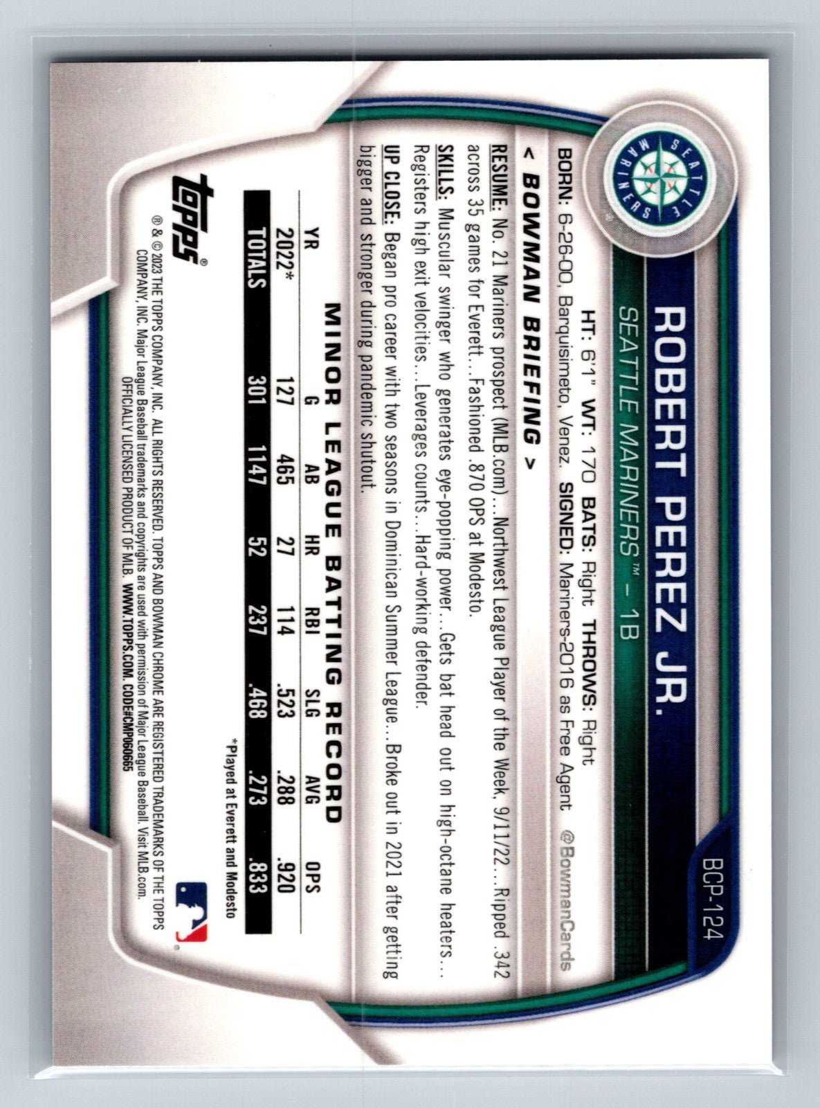Robert Perez Jr. 2023 Bowman Chrome 1st Lava Refractor /399 #BCP-124 Mariners