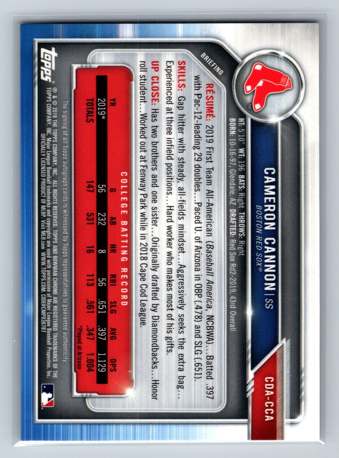 Cameron Cannon 2019 Bowman Draft Chrome 1st Auto #CDA-CCA Red Sox