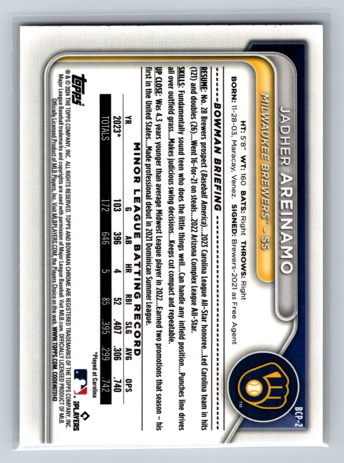 Jadher Areinamo 2024 Bowman Chrome Prospect Sapphire Yellow Refractor /75 #BCP-2