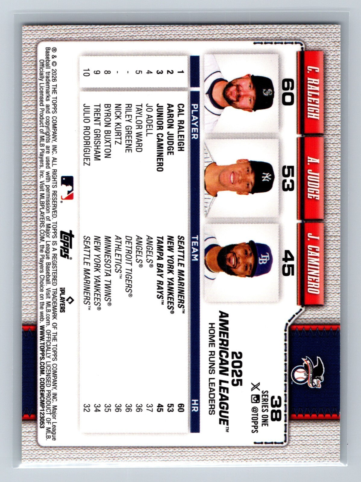 Cal Raleigh Aaron Judge Junior Cameniro 2026 Topps Series 1 Diamante Foil #38