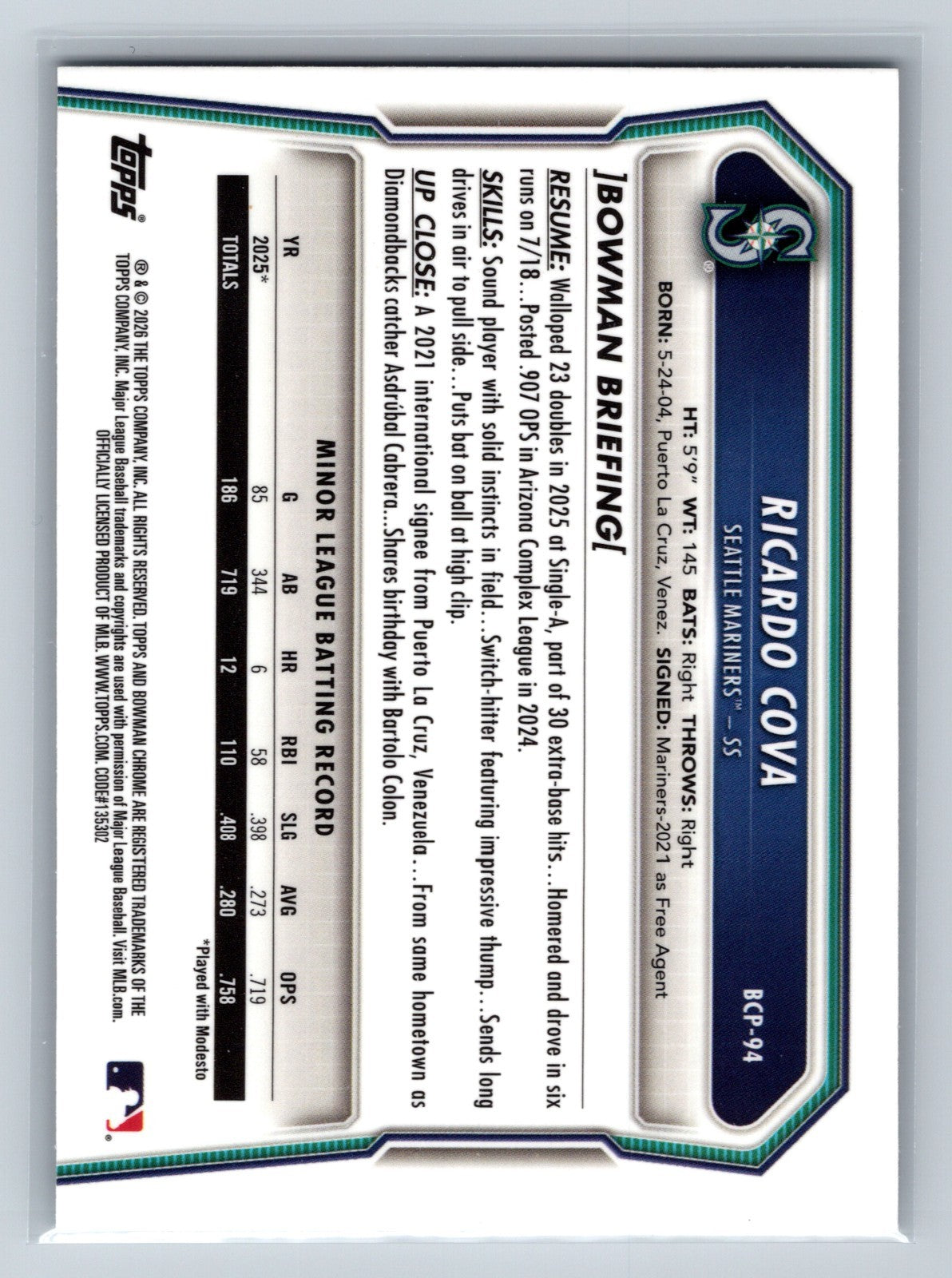 Ricardo Cova 2026 Bowman Chrome 1st Lava Refractor /399 #BCP-94 Mariners