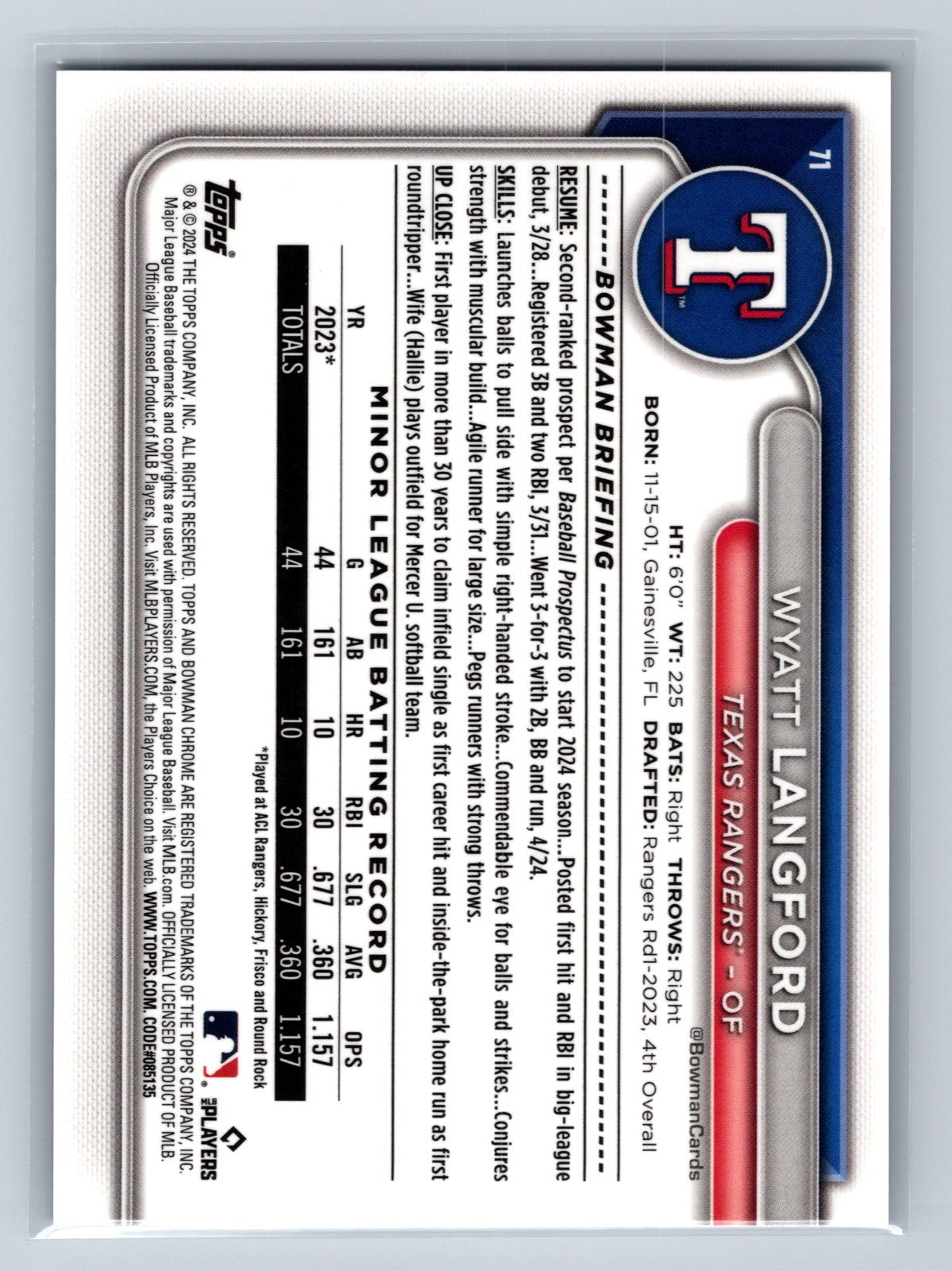 Wyatt Langford 2024 Bowman Chrome Sapphire Image Variation RC #71 Rangers