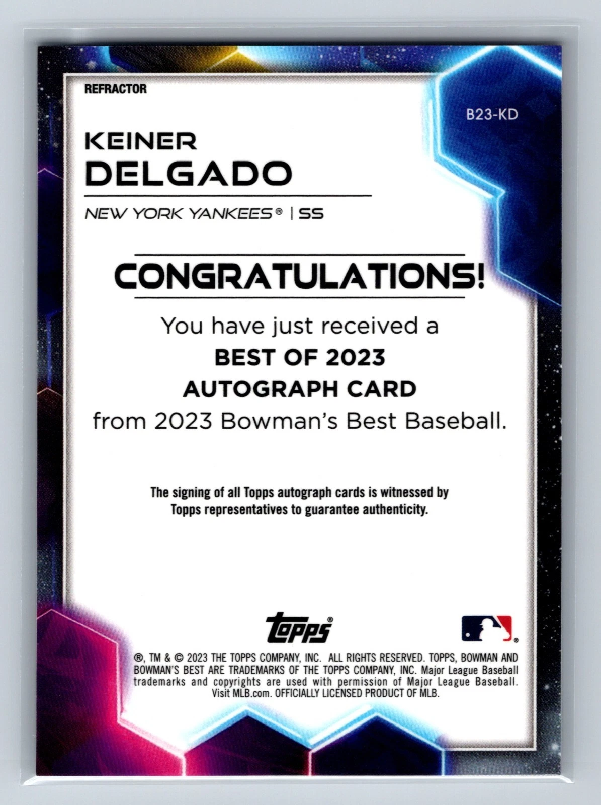 Keiner Delgado 2023 Bowman's Best Auto Refractor #B23-KD Yankees