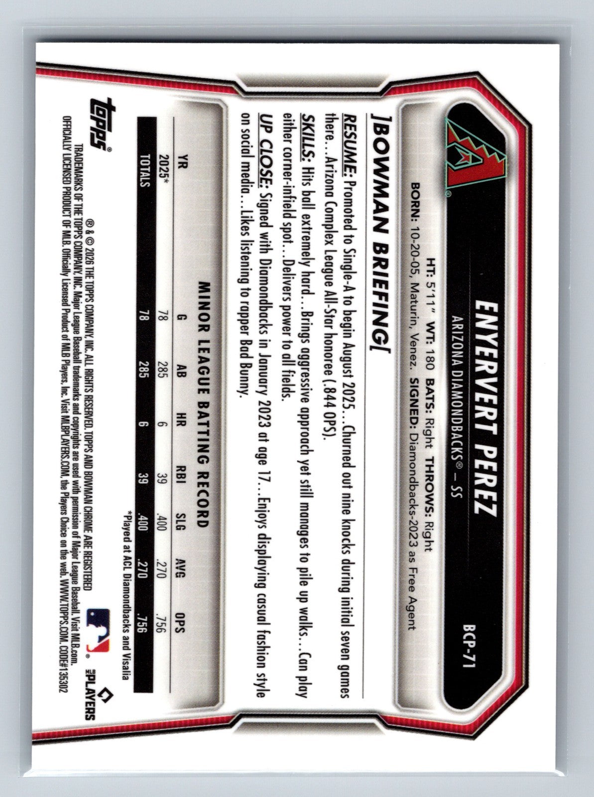 Enyervert Perez 2026 Bowman Chrome 1st Reptilian Refractor #BCP-71 Diamondbacks