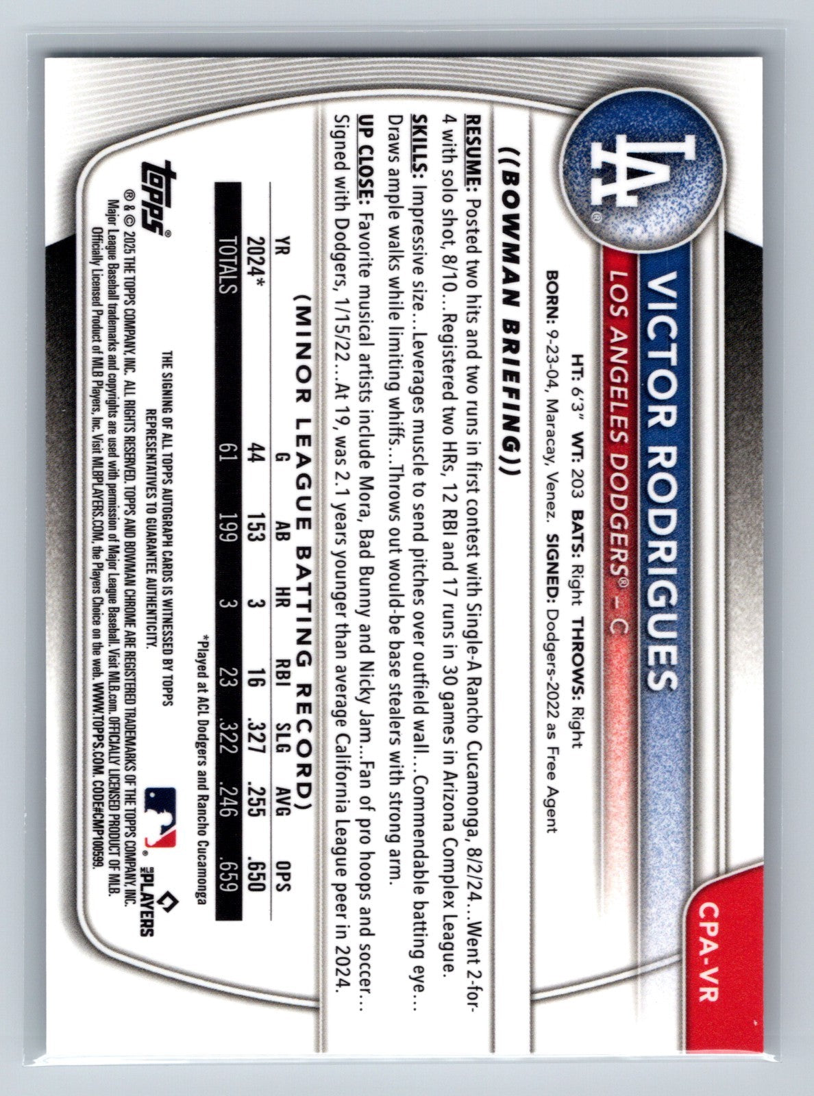 Victor Rodrigues 2025 Bowman Chrome 1st Auto #CPA-VR Dodgers