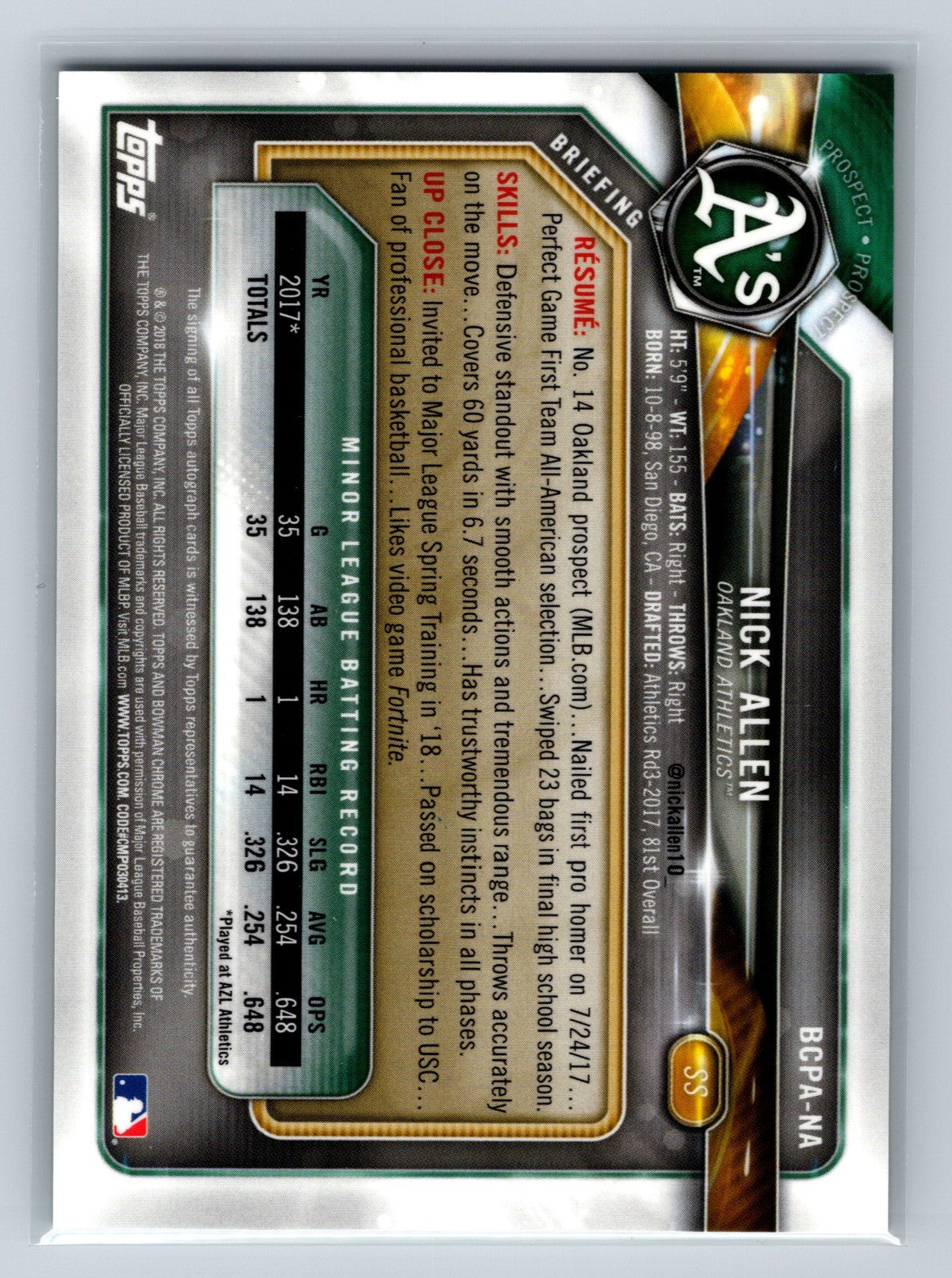Nick Allen 2018 Bowman Chrome Prospect Green Atomic Refractor Auto /99 #BCPA-NA