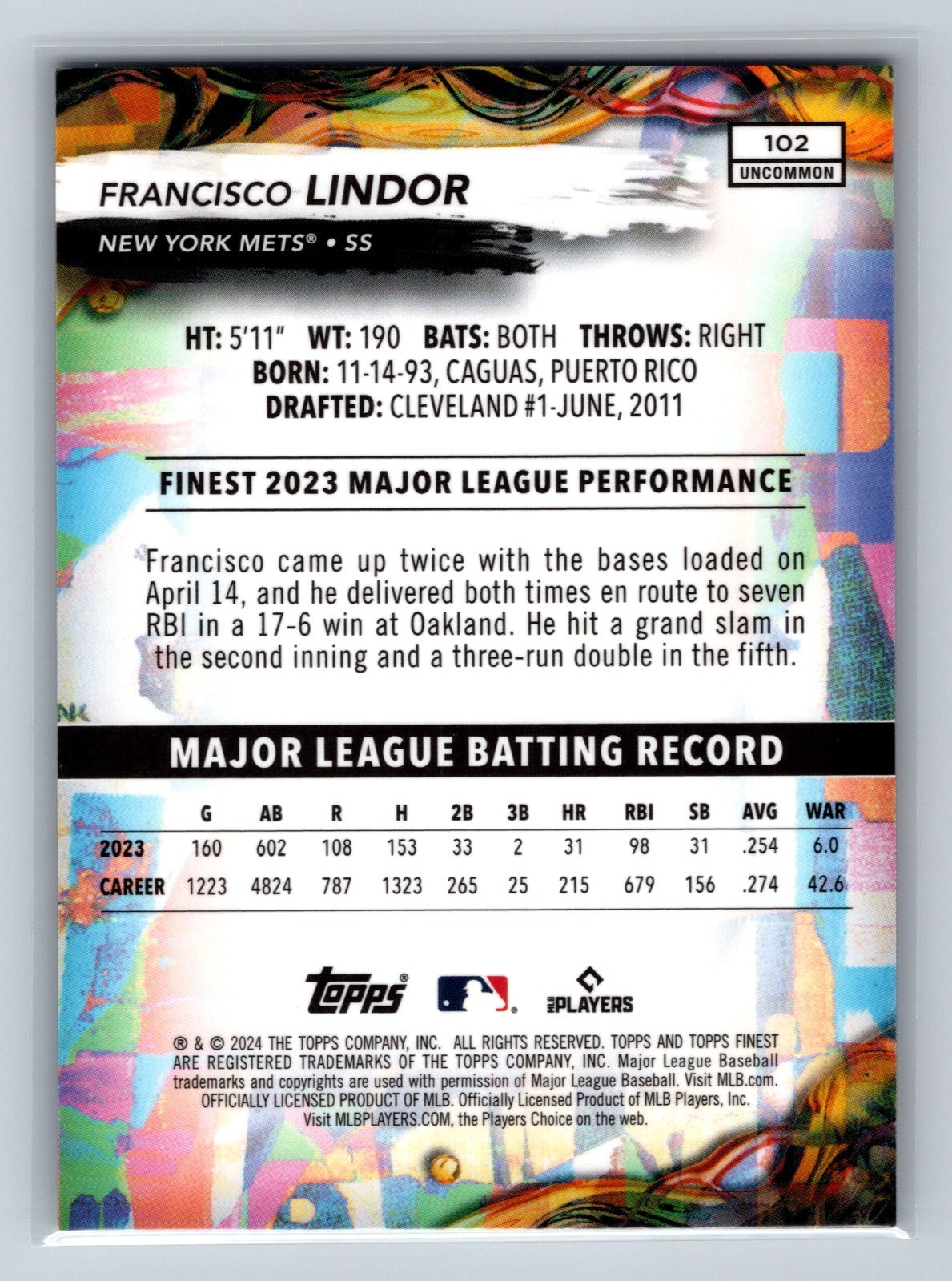 Francisco Lindor 2024 Topps Finest Uncommon Purple Checkerboard Refractor /99