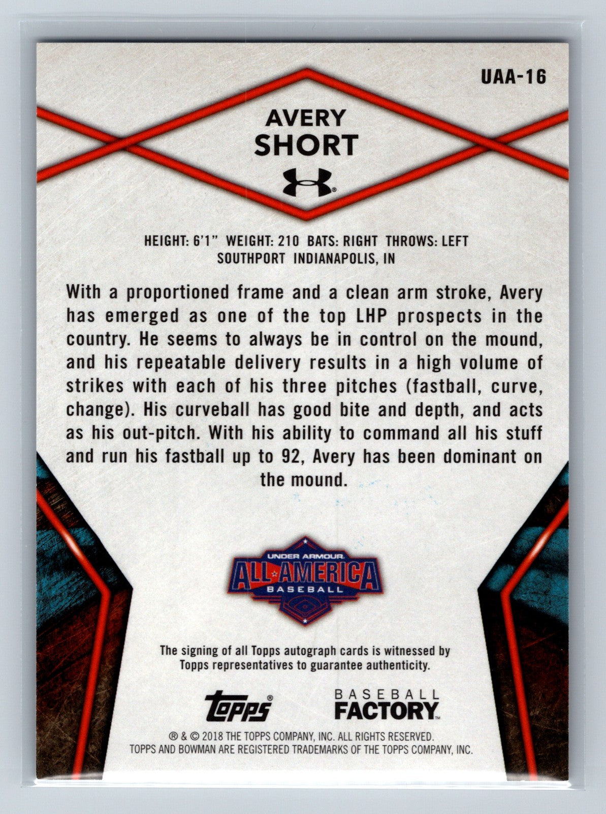 Avery Short 2018 Topps Under Armour All America Auto #UAA-16 Diamondbacks