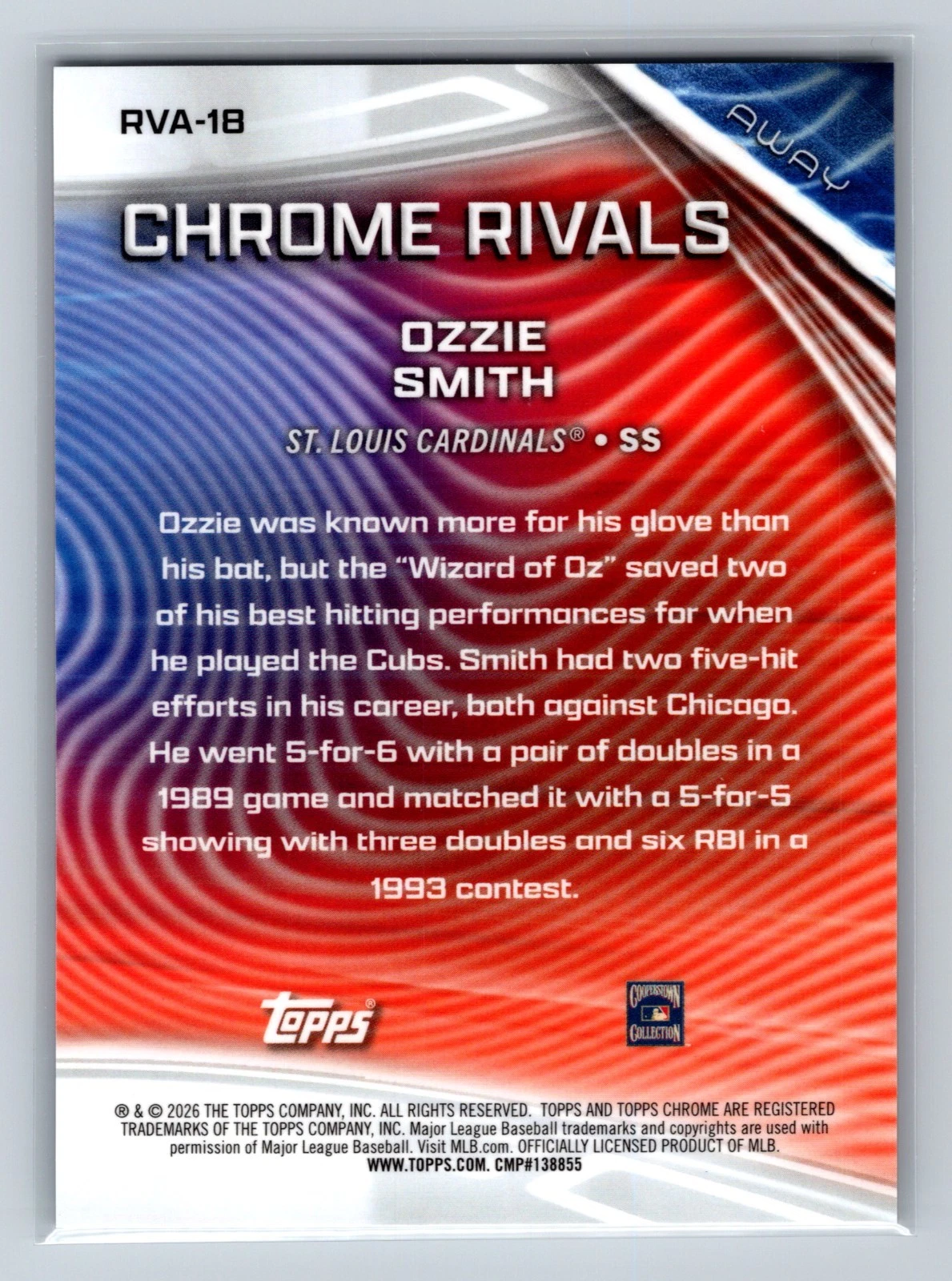 Ozzie Smith 2026 Topps Chrome Rivals Away Gold Refractor /50 #RVA-18 Cardinals