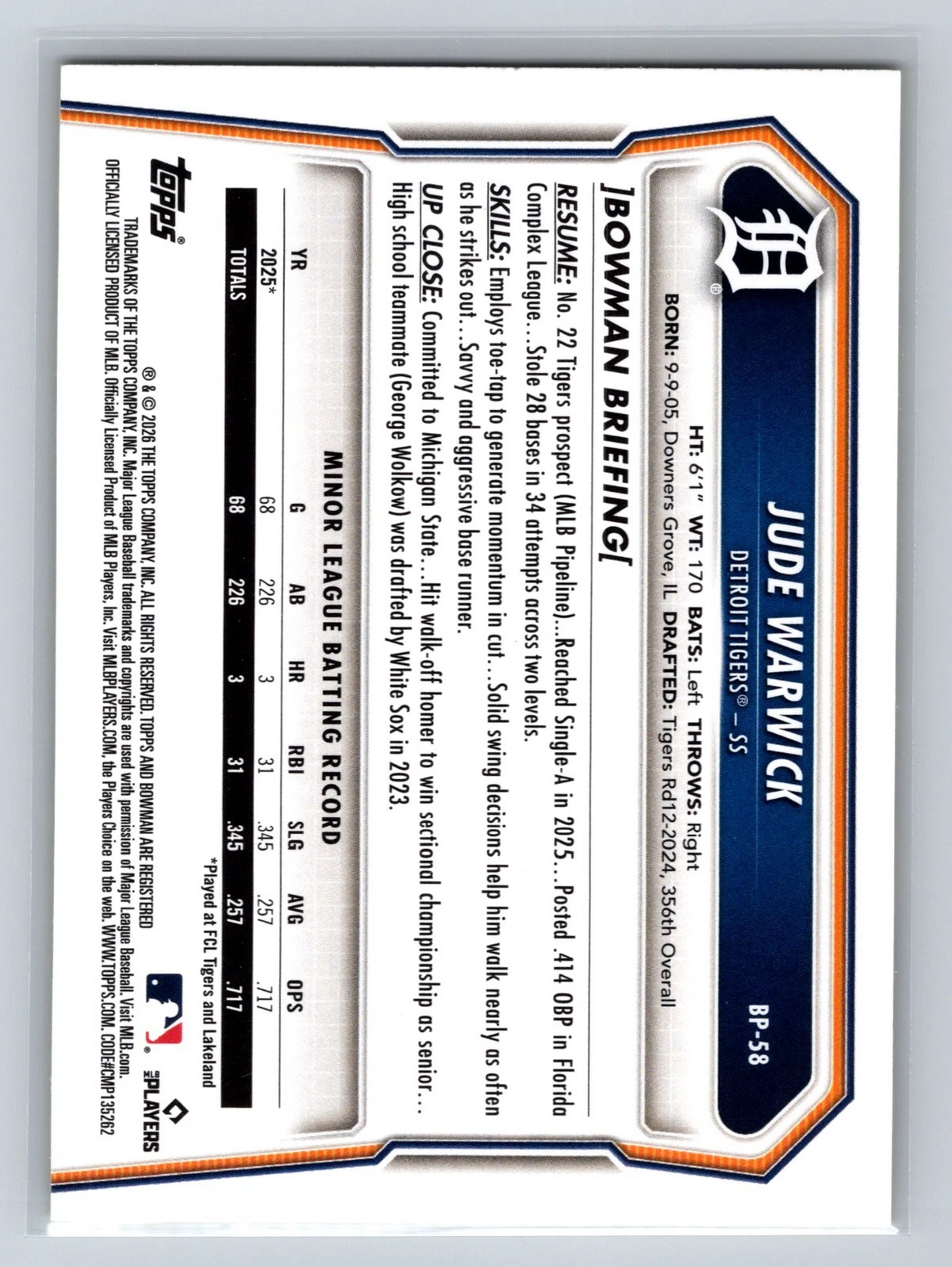 Jude Warwick 2026 Bowman 1st Paper Yellow Pattern /75 #BP-58 Tigers