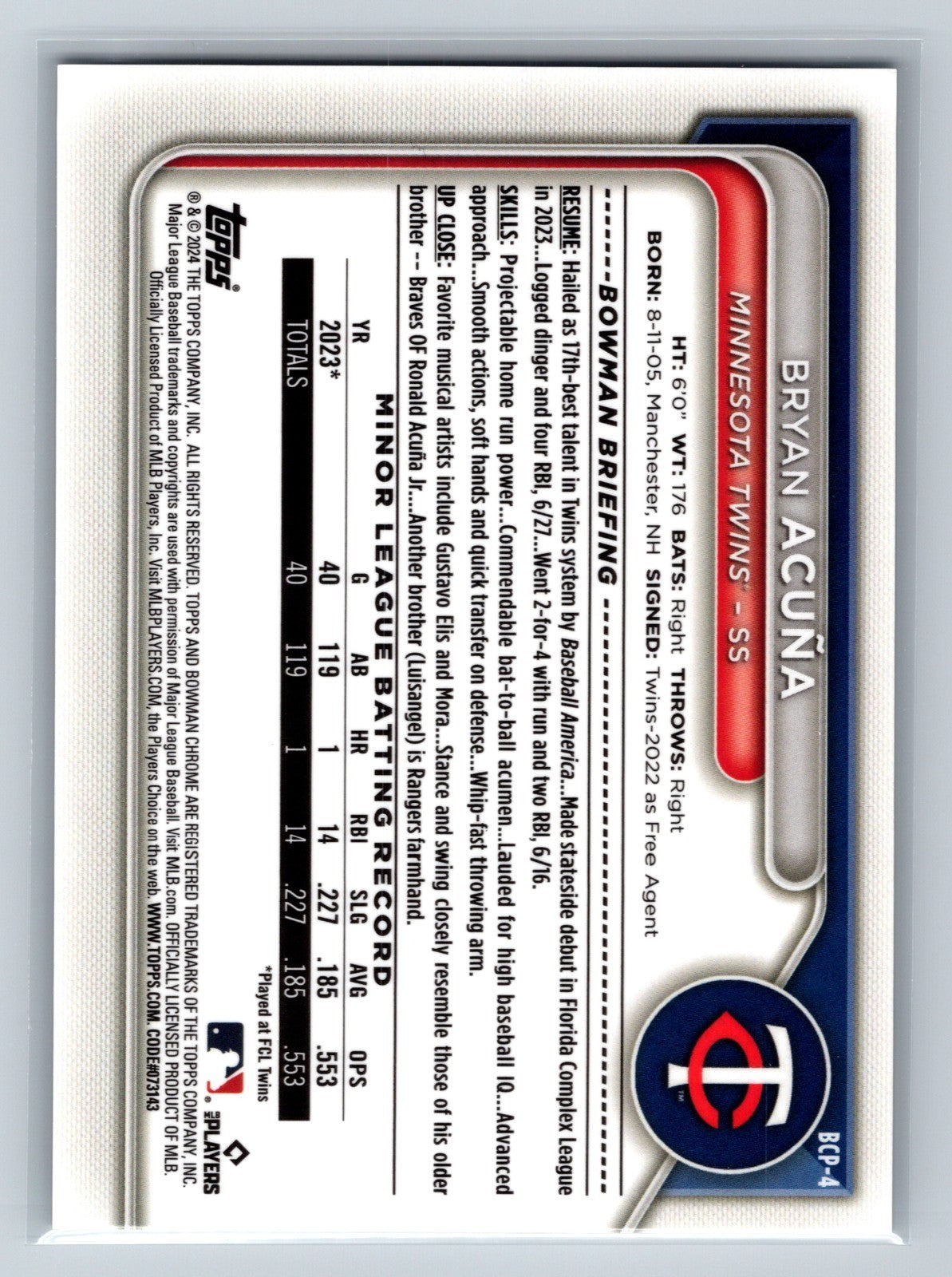 Bryan Acuna 2024 Bowman Chrome Prospects Lava Refractor /399 #BCP-4 Twins