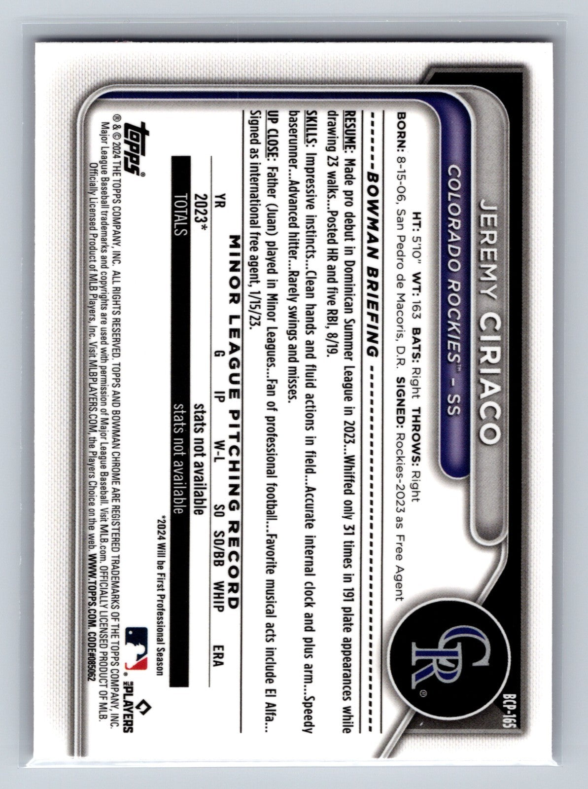 Jeremy Ciriaco 2024 Bowman Chrome 1st Fuchsia Shimmer Refractor /199 #BCP-165
