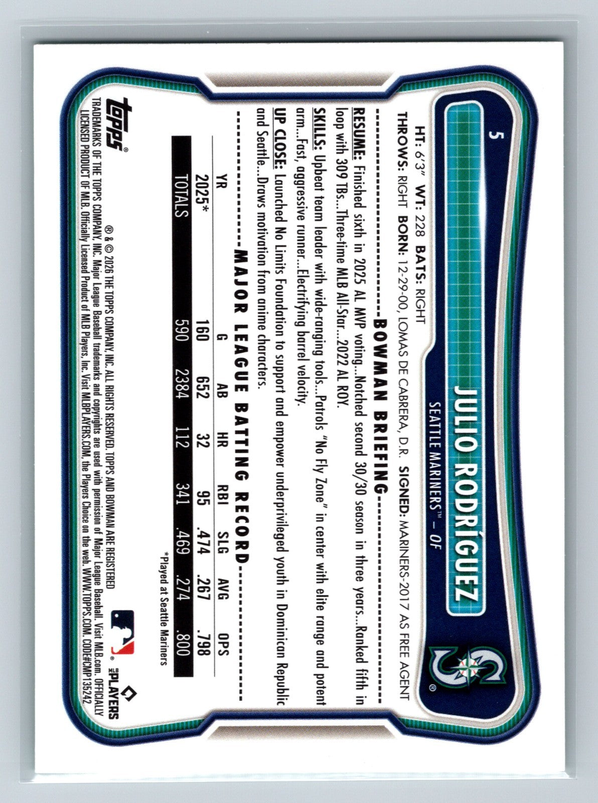Julio Rodriguez 2026 Bowman Green /99 #5 Mariners