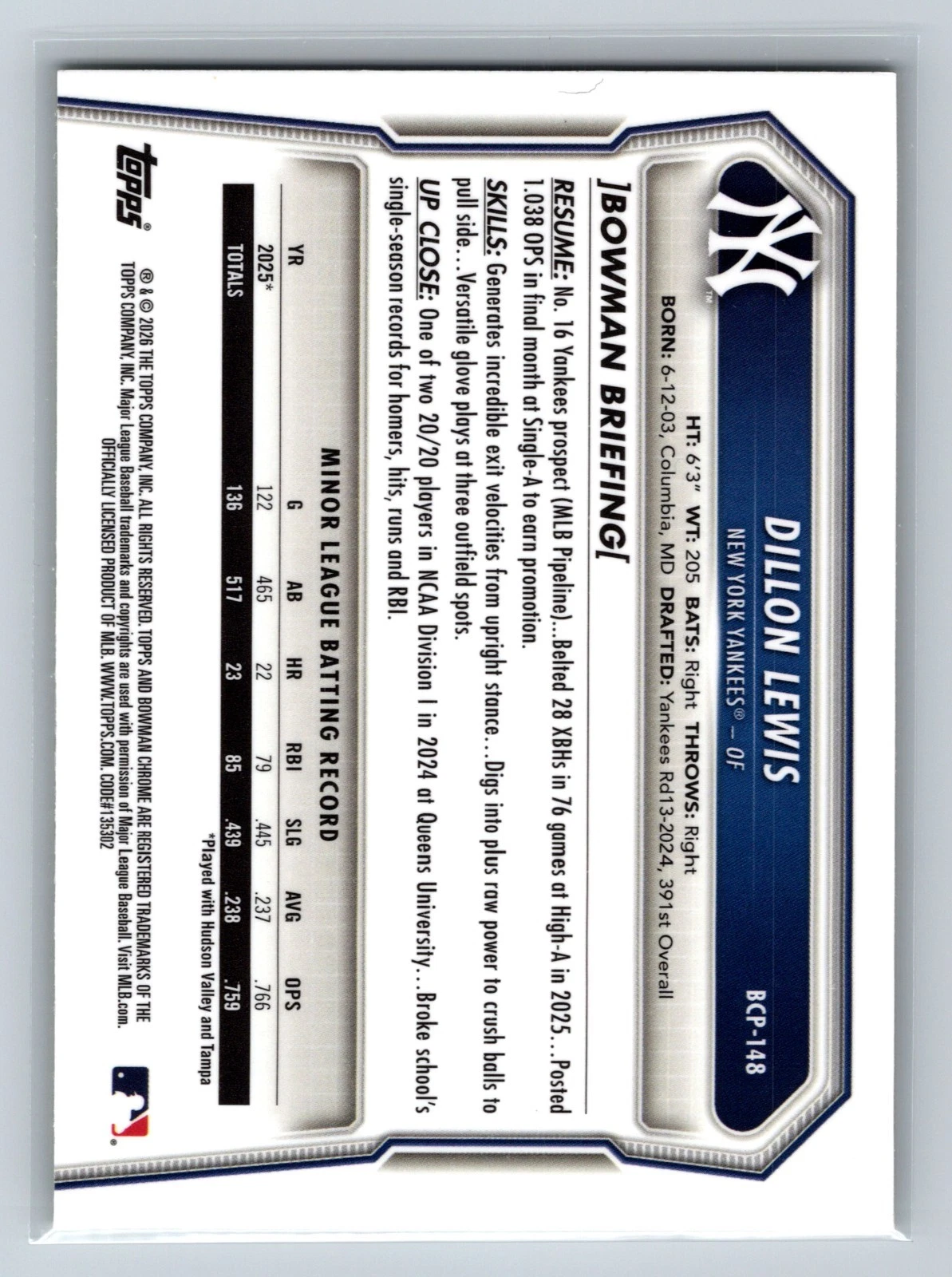 Dillon Lewis 2026 Bowman Chrome 1st Sapphire Yellow Refractor /75 #BCP-148