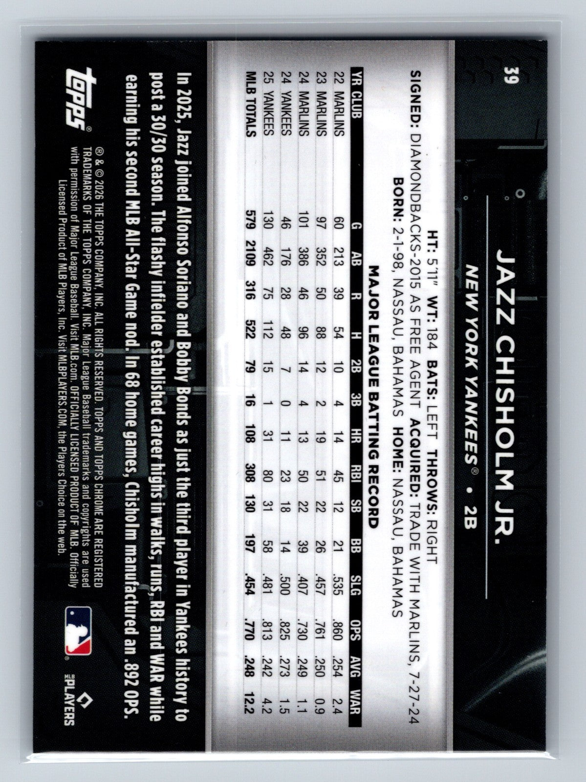 Jazz Chisholm Jr. 2026 Topps Chrome Black Purple Wave Refractor /75 #39 Yankees
