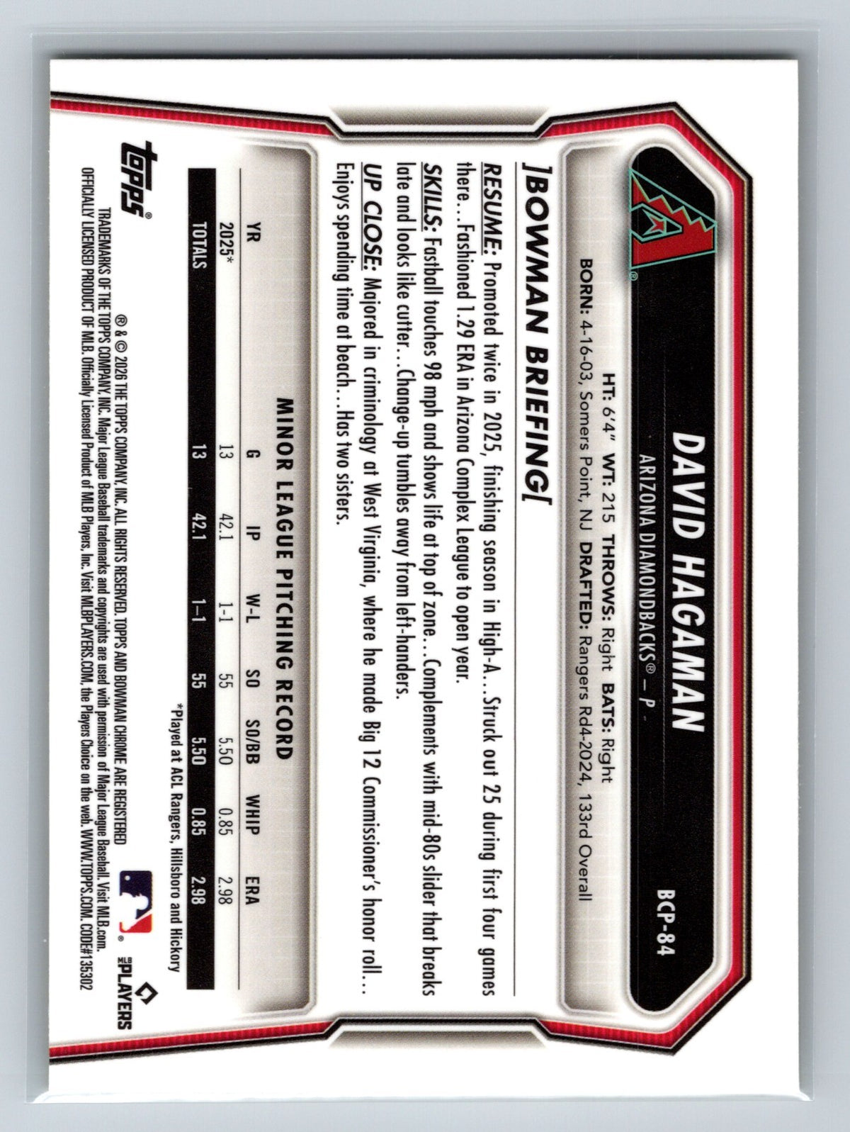 David Hagaman 2026 Bowman Chrome 1st Yellow X-Fractor /75 #BCP-84 Diamondbacks