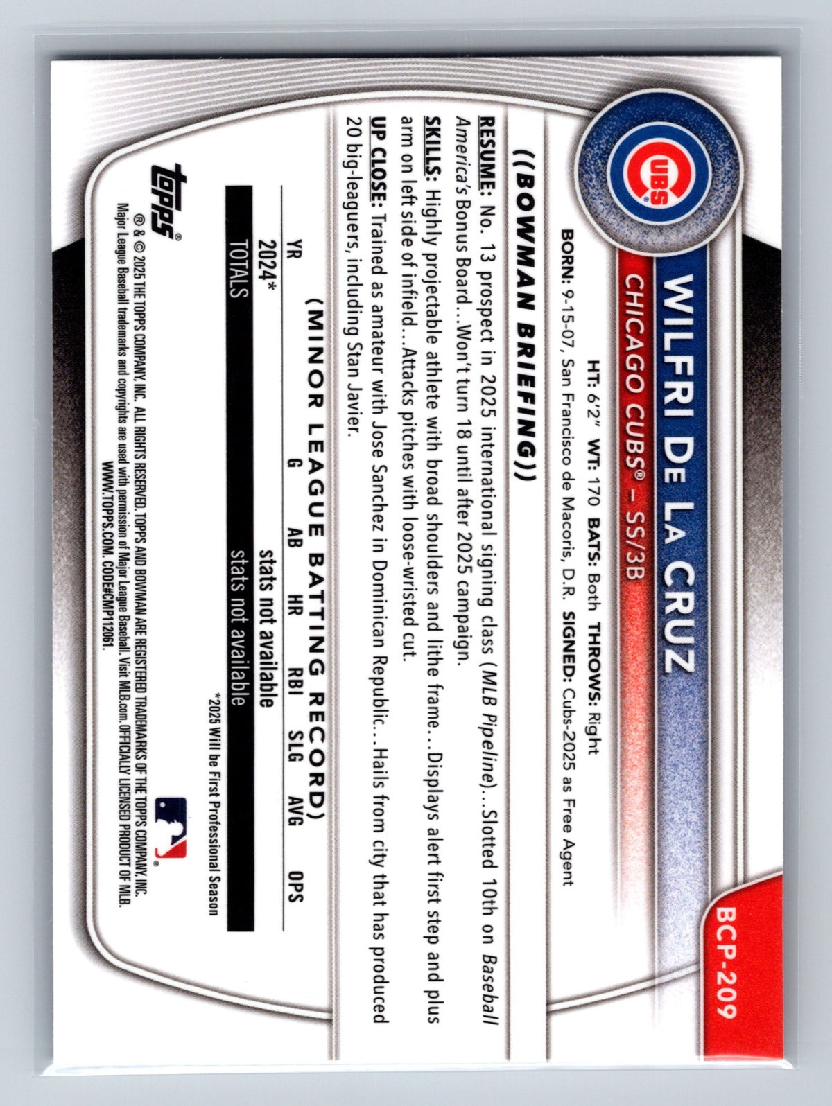 Wilfri De La Cruz 2025 Bowman Chrome 1st Purple Refractor /250 #BCP-209 Cubs