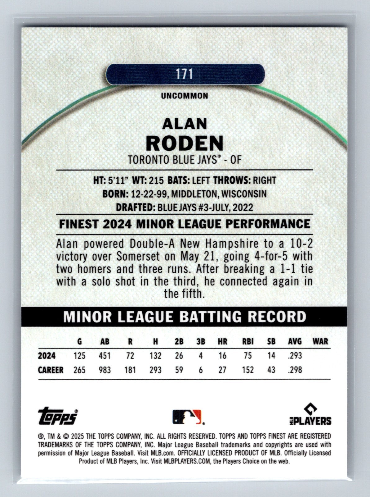 Alan Roden 2025 Topps Finest Purple Refractor RC /200 #171 Blue Jays