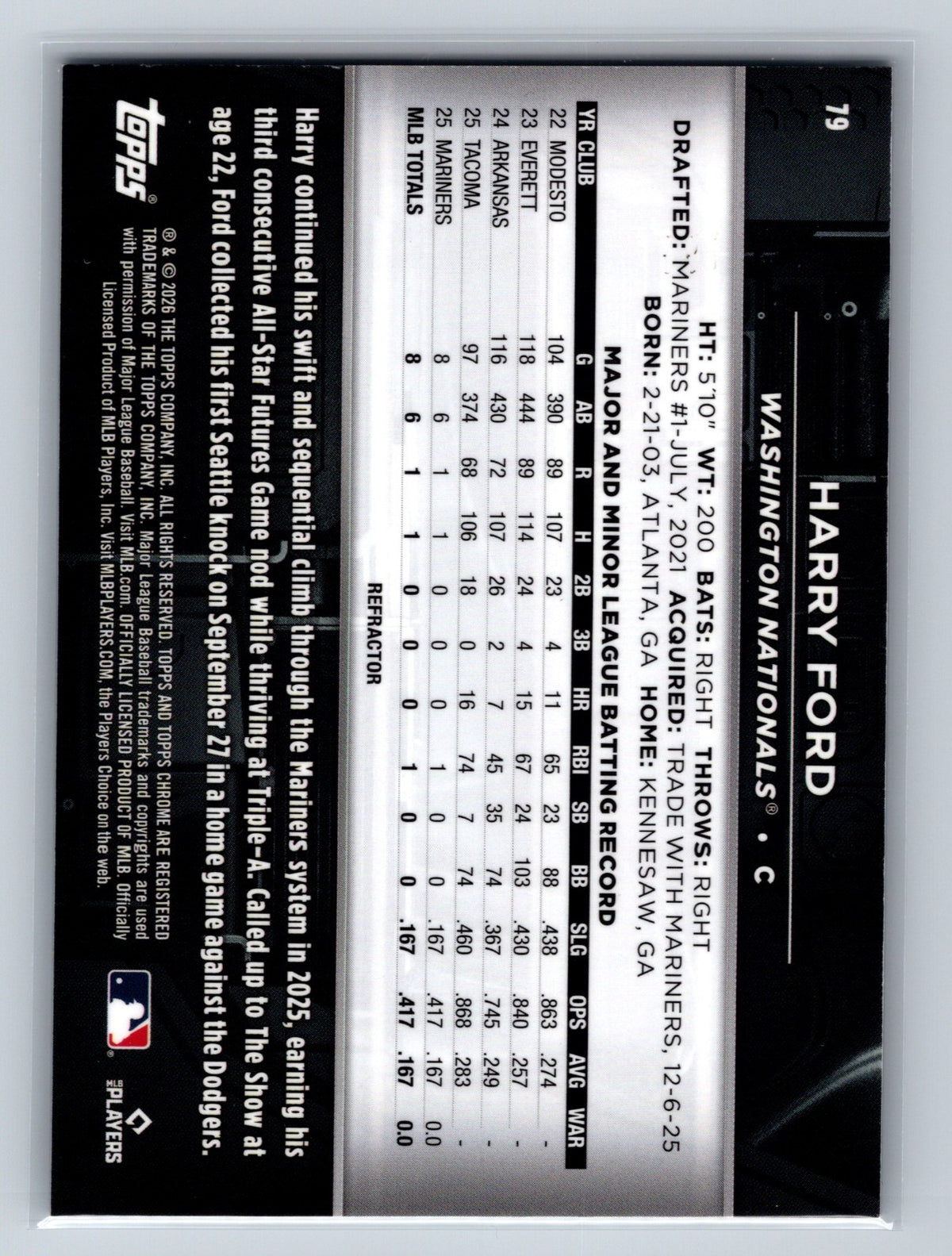 Harry Ford 2026 Topps Chrome Black Refractor RC /199 #79 Nationals