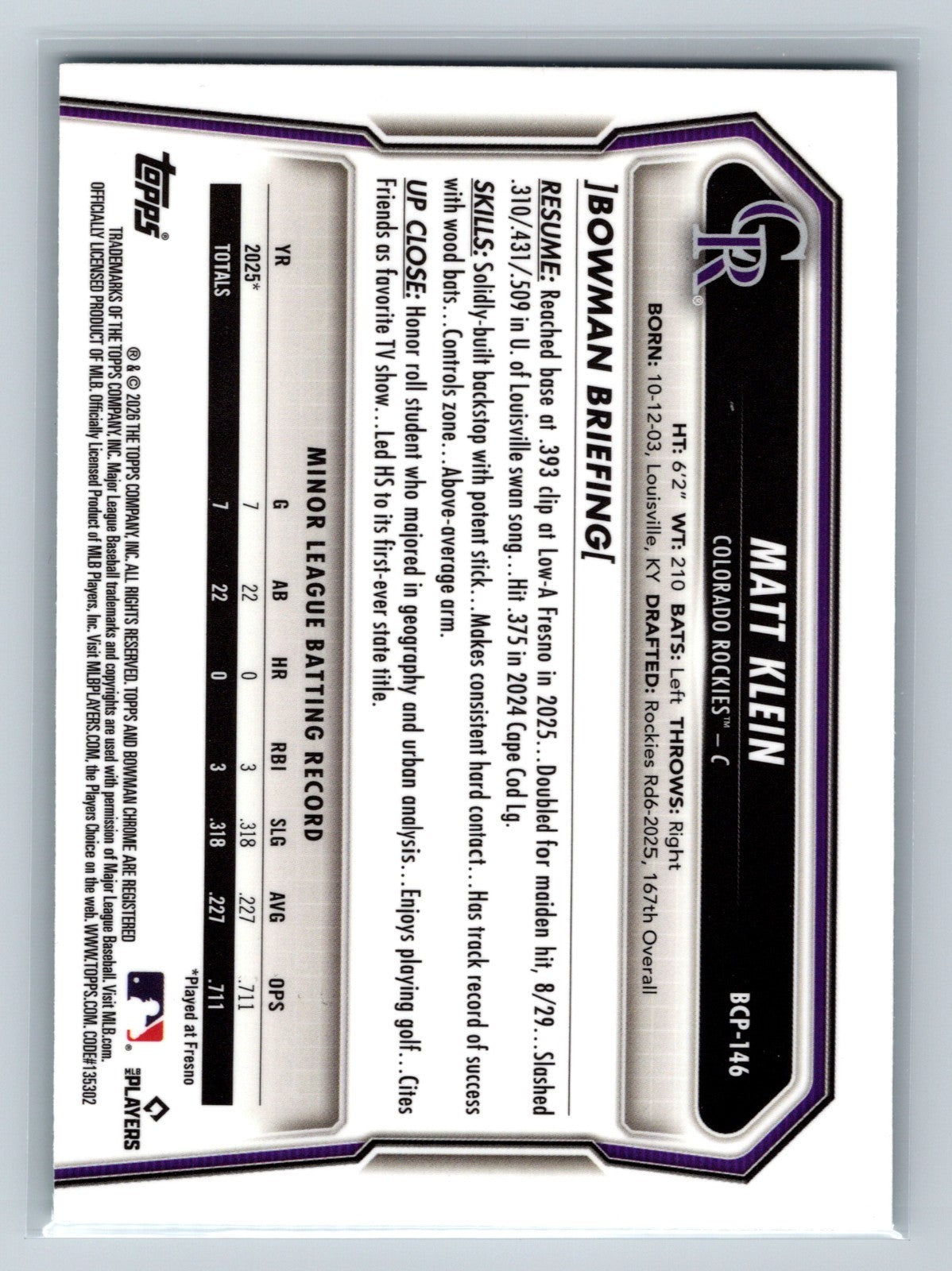 Matt Klein 2026 Bowman Chrome 1st Aqua Geometric Refractor /125 Rockies