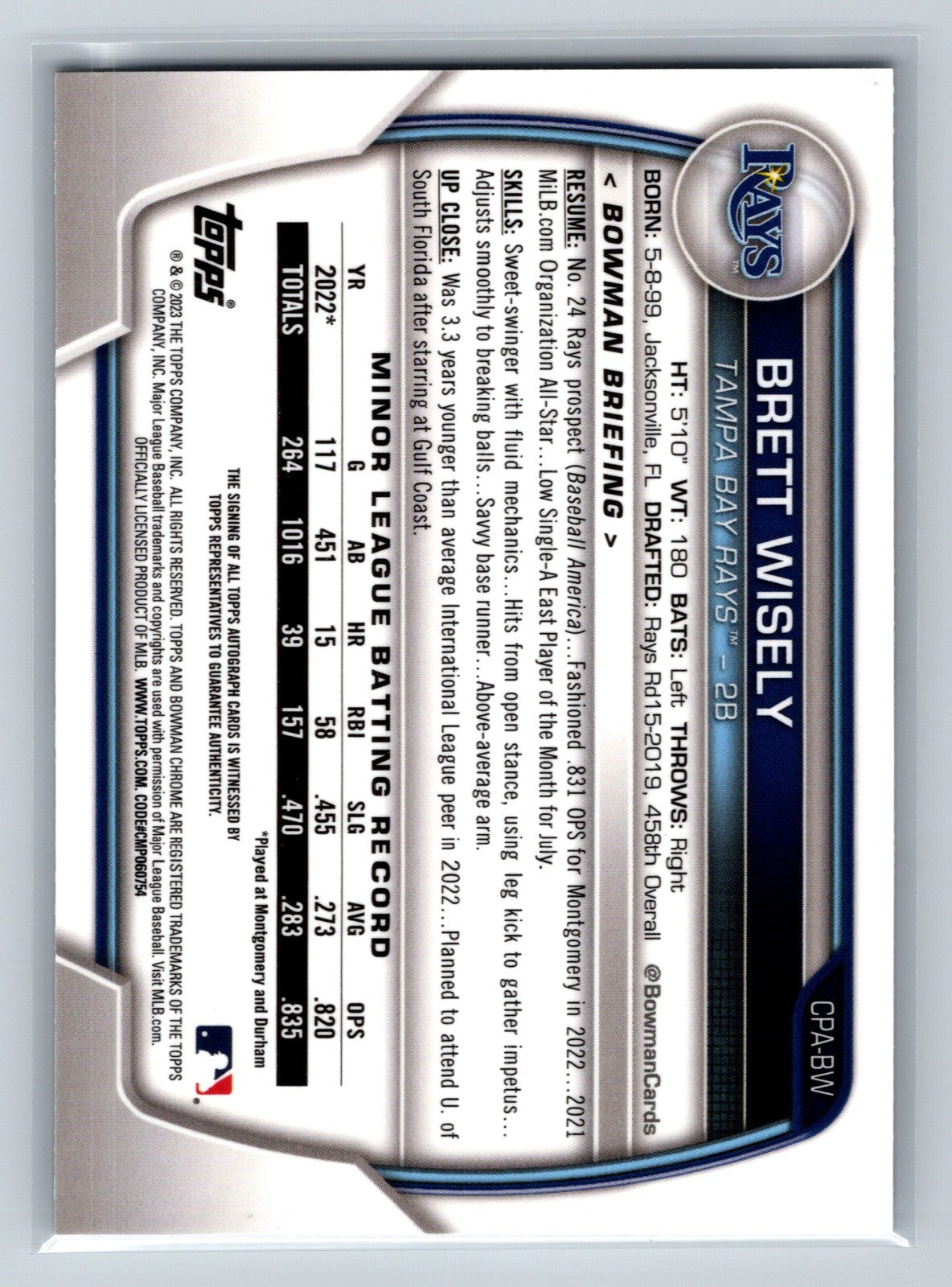 Brett Wisely 2023 Bowman Chrome 1st Speckle Refractor Auto /299 #CPA-BW Rays