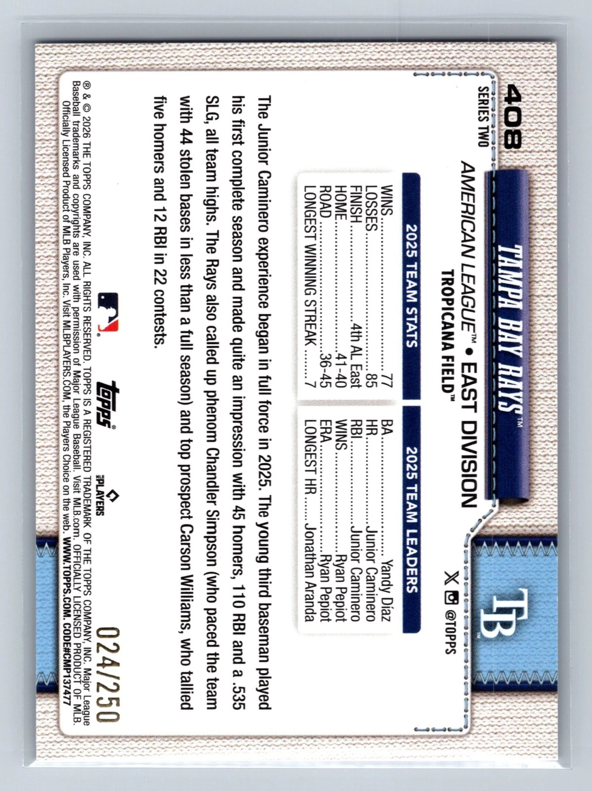 2026 Topps Series 2 Purple Foil /250 #408 Rays
