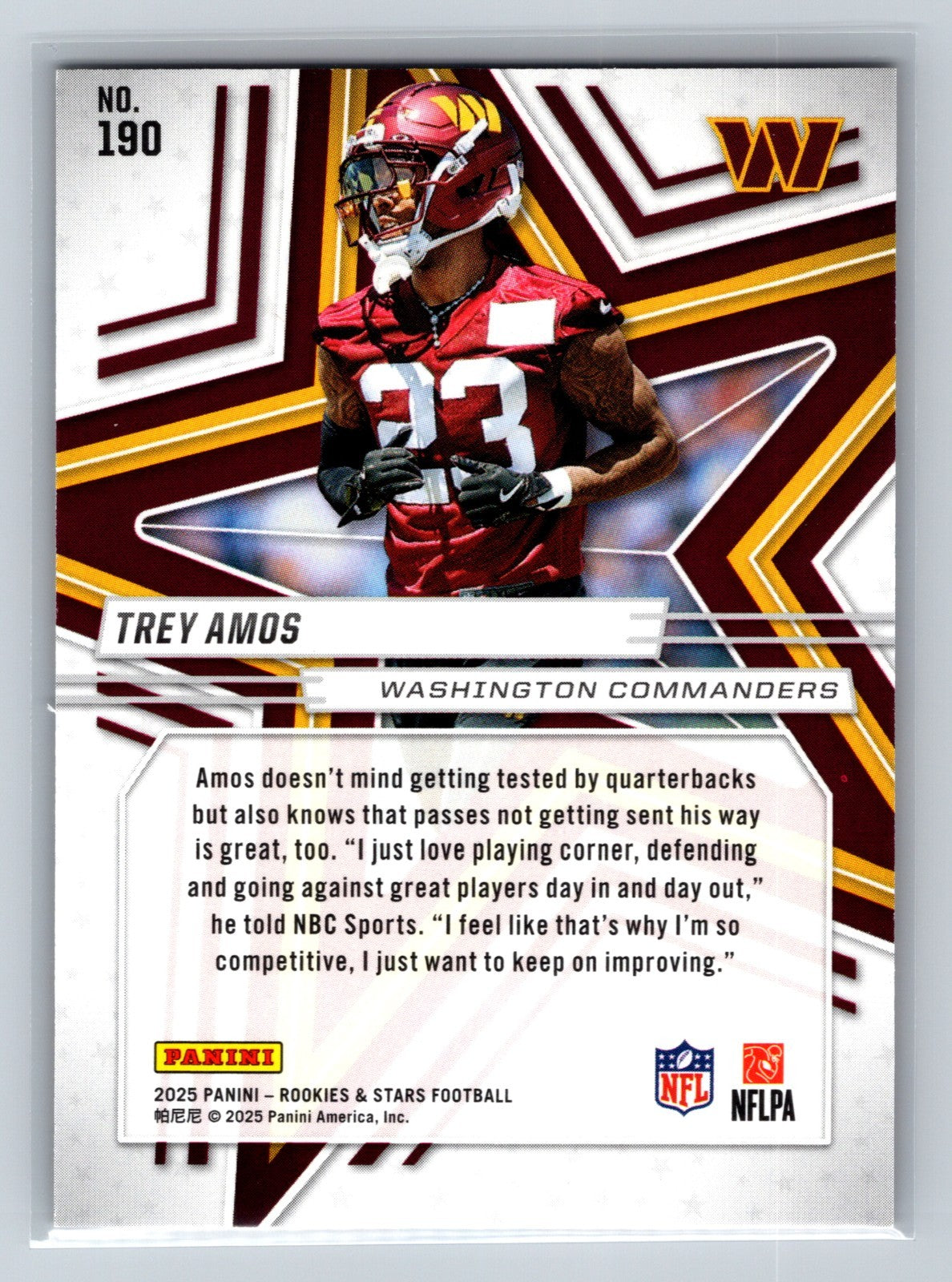 Trey Amos 2025 Panini Rookies & Stars Orange RC /249 #190 Commanders