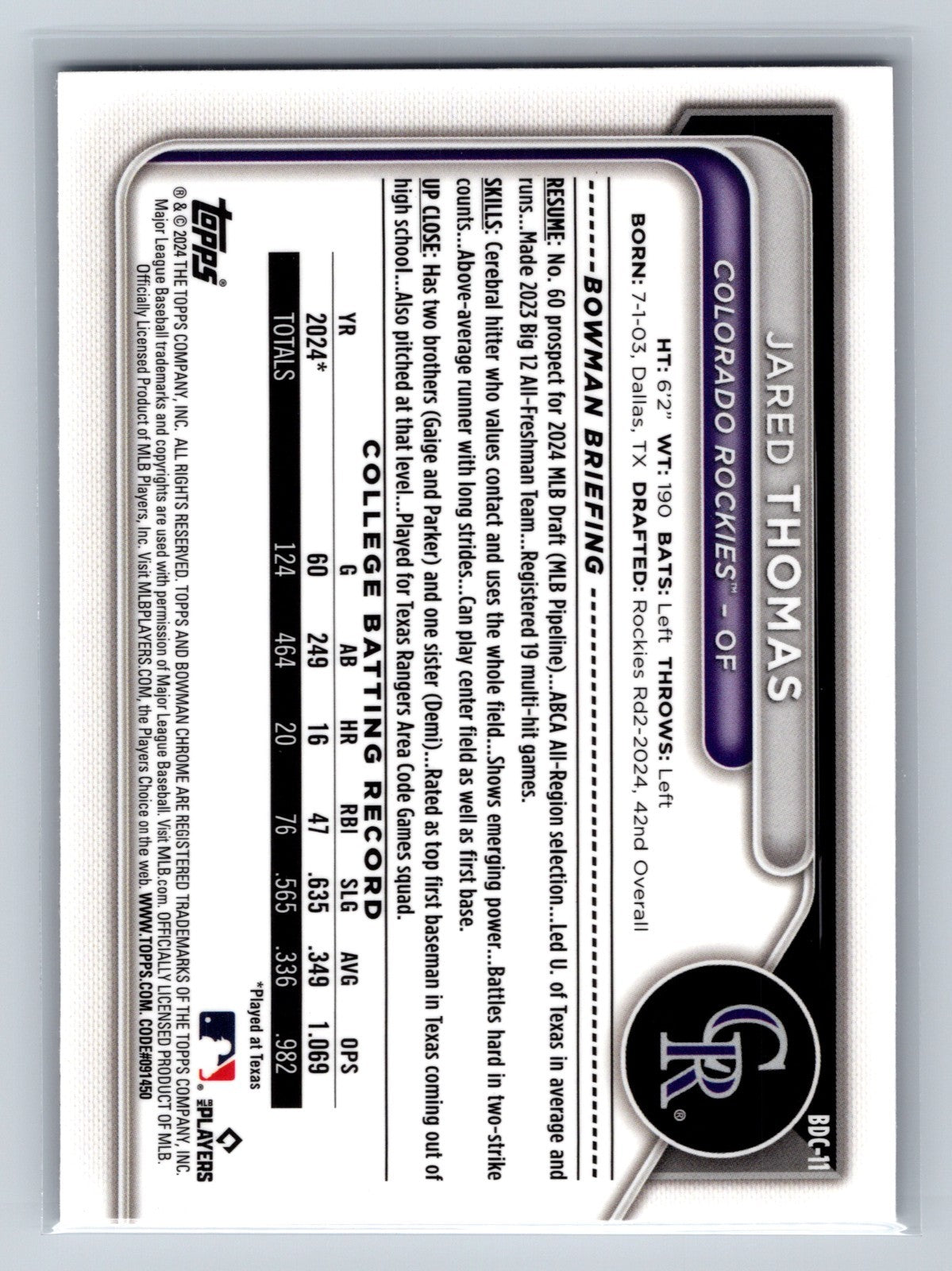 Jared Thomas 2024 Bowman Draft Chrome 1st Purple Refractor /250 #BDC-11 Rockies