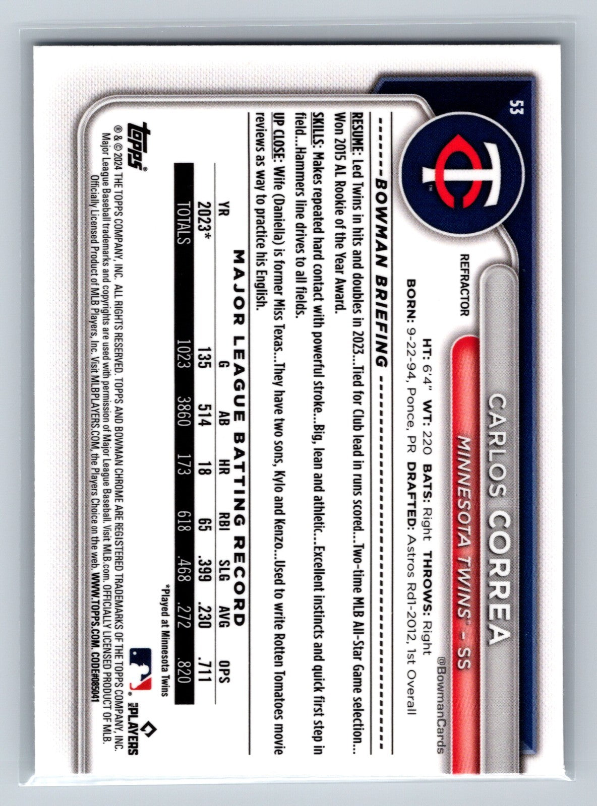 Carlos Correa 2024 Bowman Chrome Refractor /499 #53 Twins