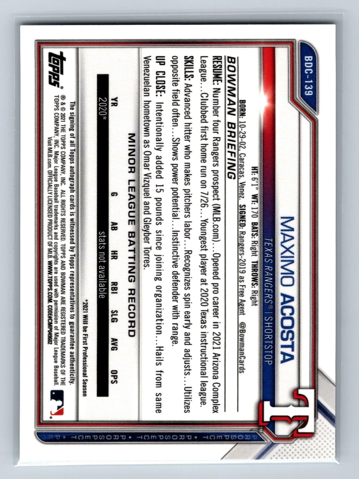 Maximo Acosta 2021 Bowman Draft Chrome Image Variation Auto /99 #BDC-139 Rangers