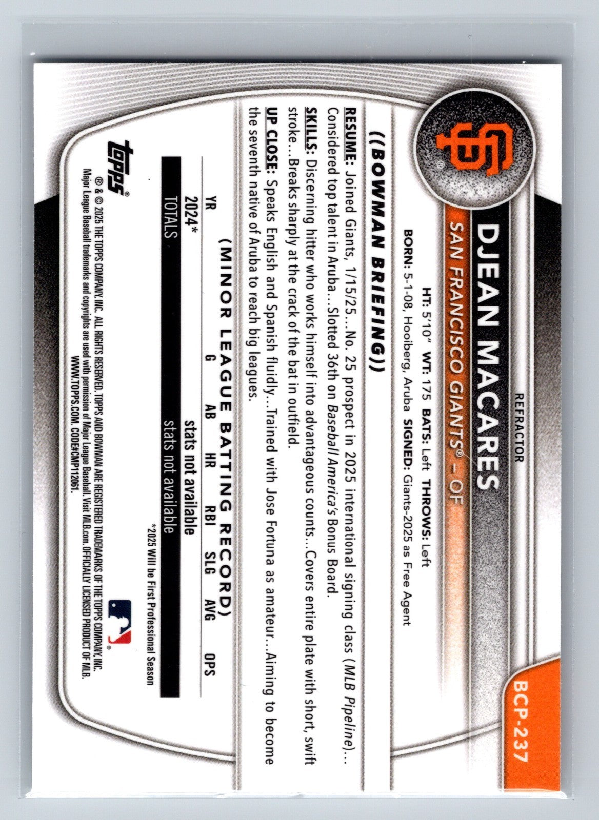 Djean Macares 2025 Bowman Chrome 1st Refractor /499 #BCP-237 Giants